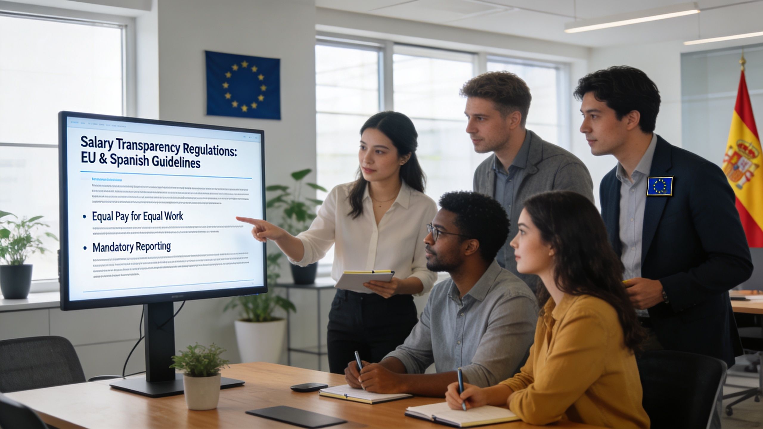 Un equipo profesional diverso analizando regulaciones de transparencia salarial europea y española en una oficina moderna.