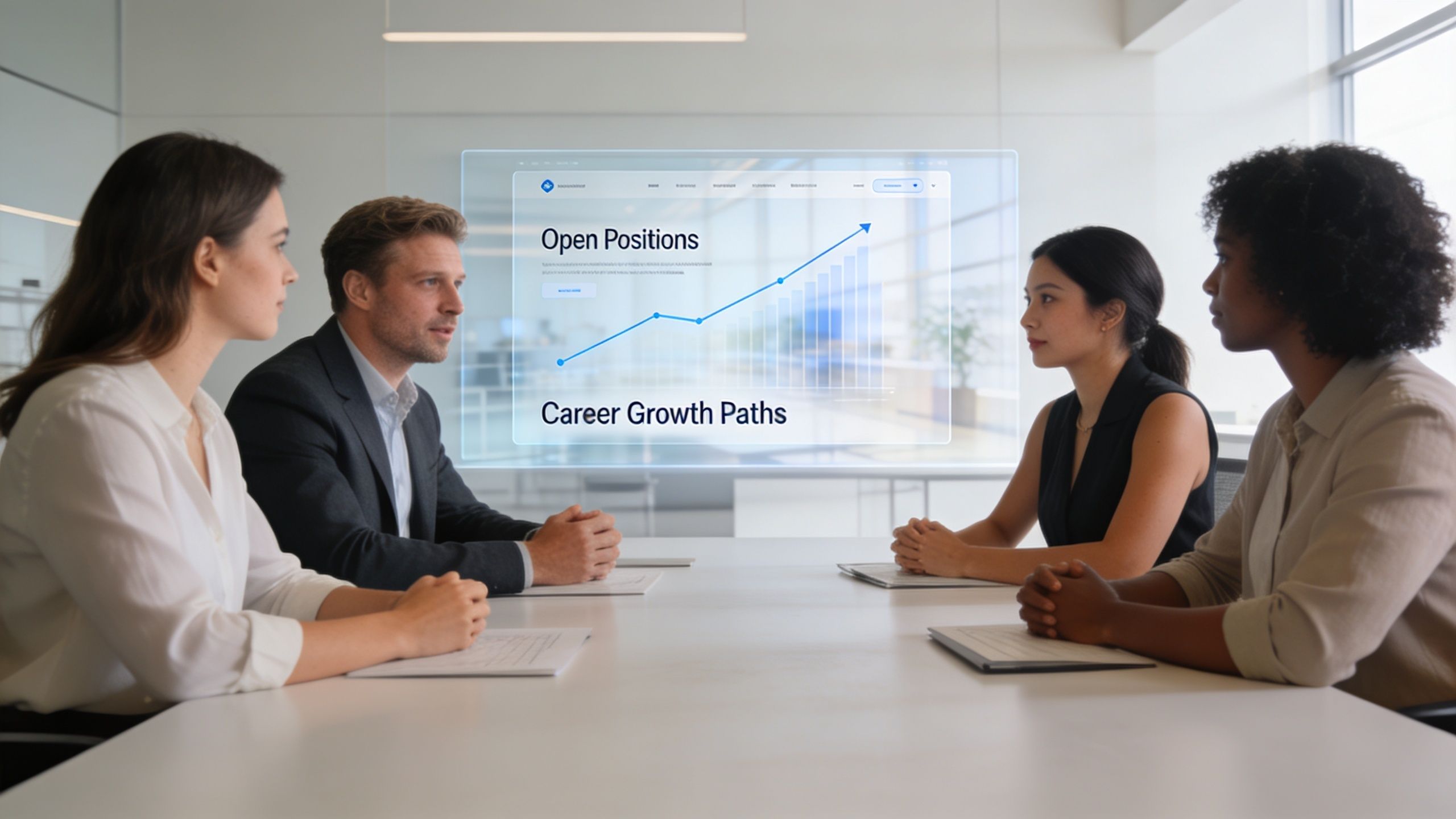 Profesionales diversos sentados en una mesa de reuniones observando un gráfico digital sobre oportunidades laborales.