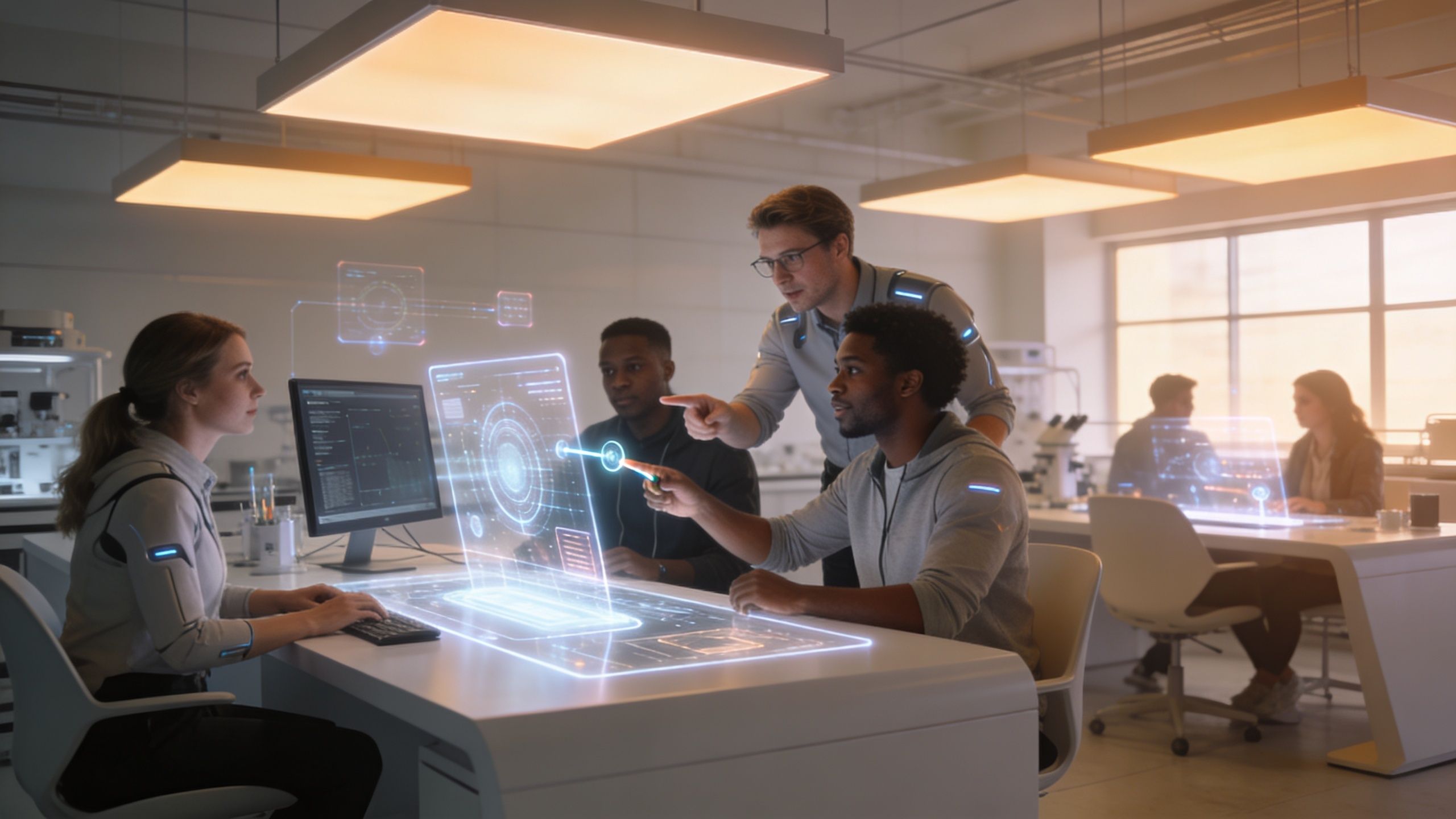 Un equipo de profesionales diversos colabora en un laboratorio tecnológico utilizando pantallas holográficas interactivas y computadoras.