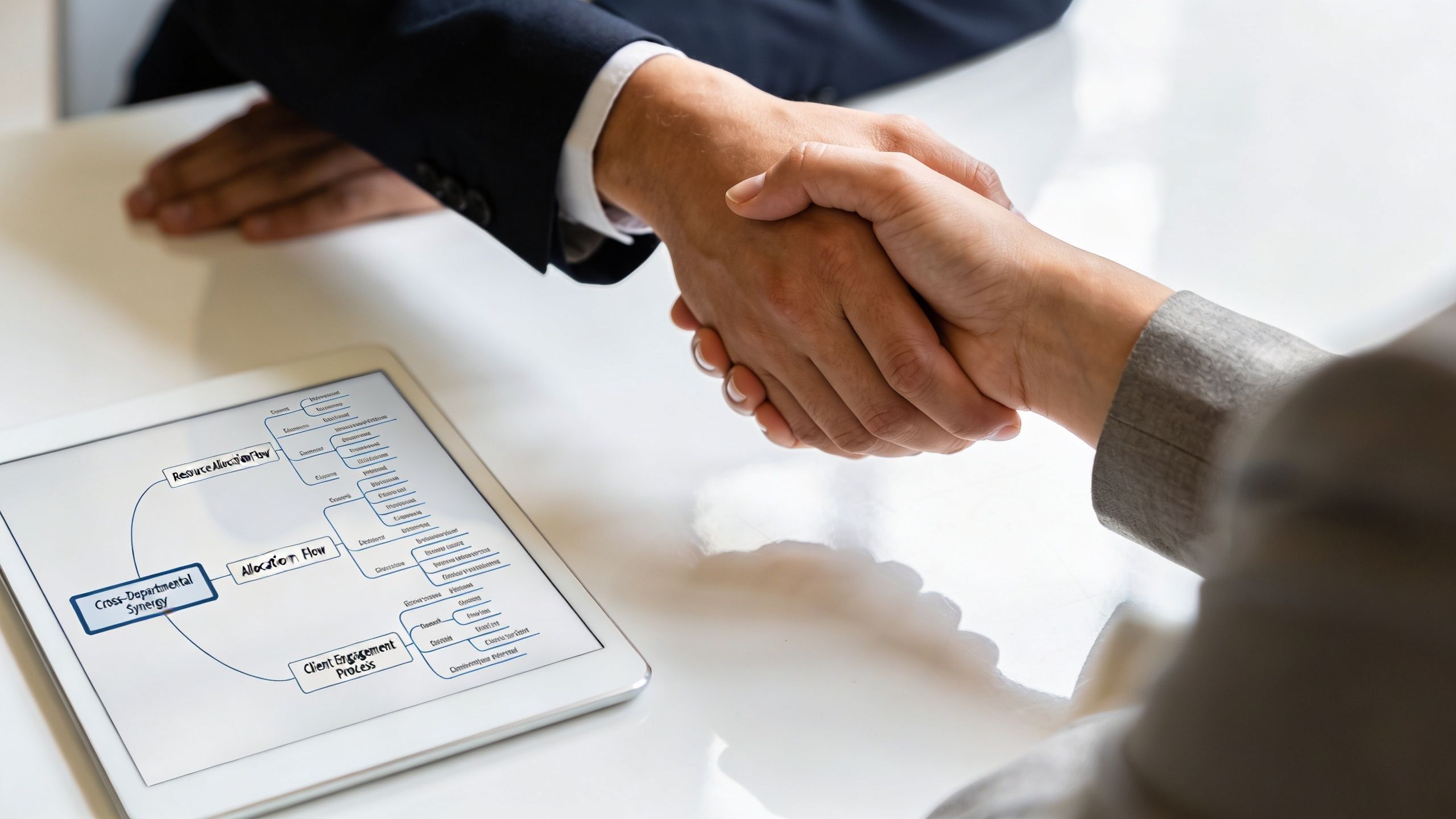 Dos profesionales de negocios dándose un apretón de manos sobre una mesa con una tableta digital