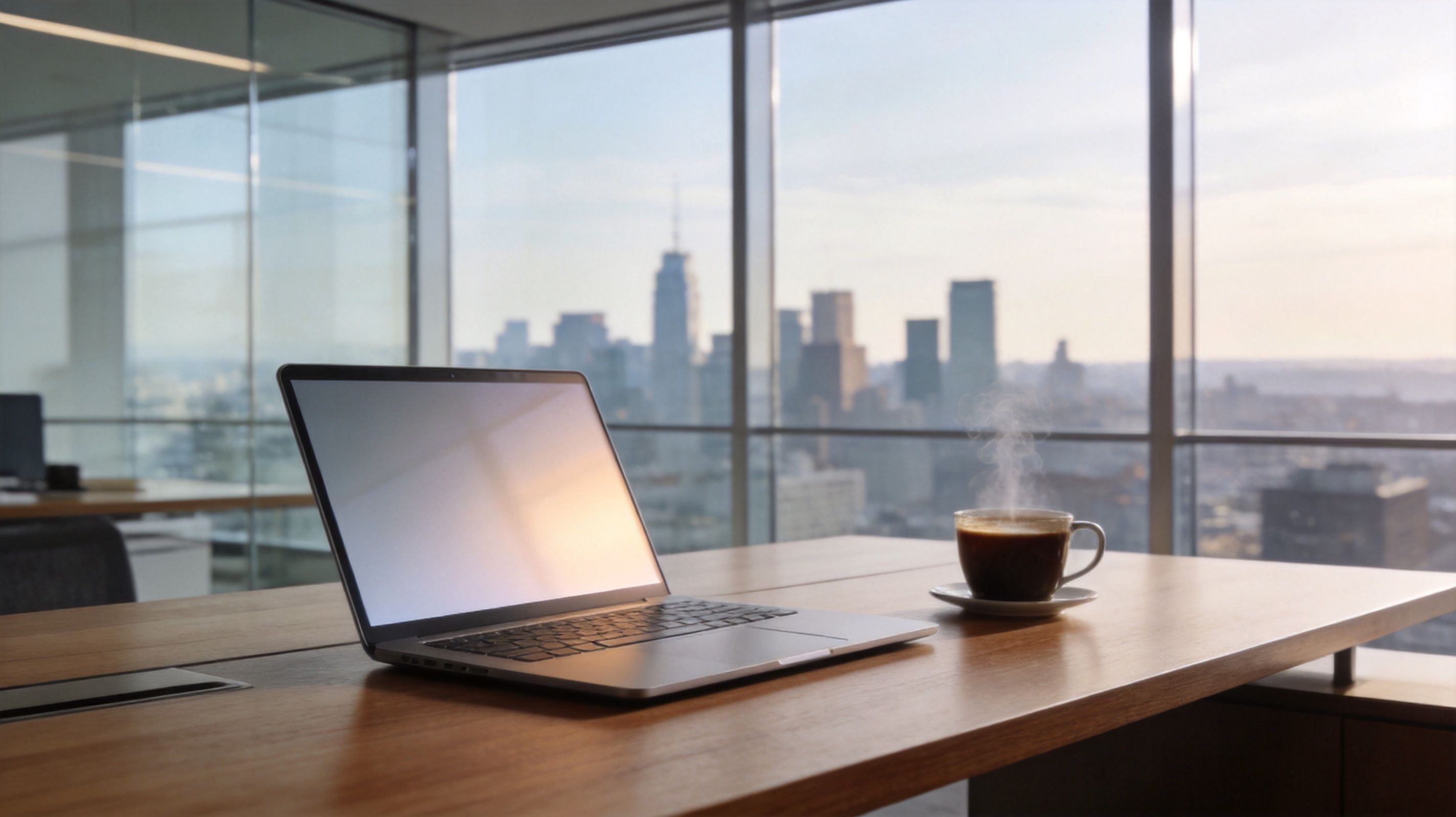 Una computadora portátil y una taza de café caliente sobre un escritorio de madera en una oficina moderna.