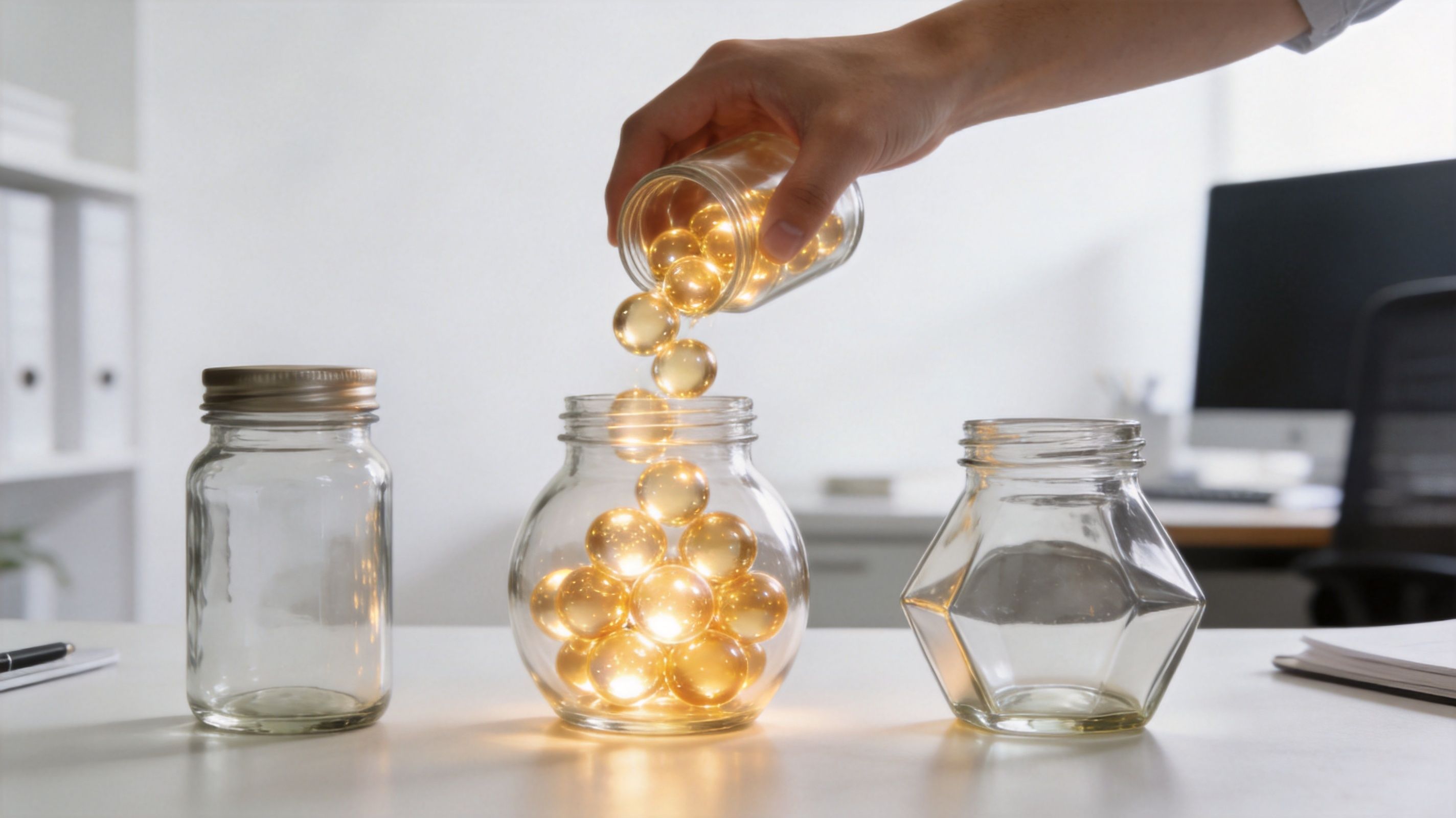 Una mano vertiendo esferas doradas luminosas dentro de un frasco de cristal transparente sobre una mesa