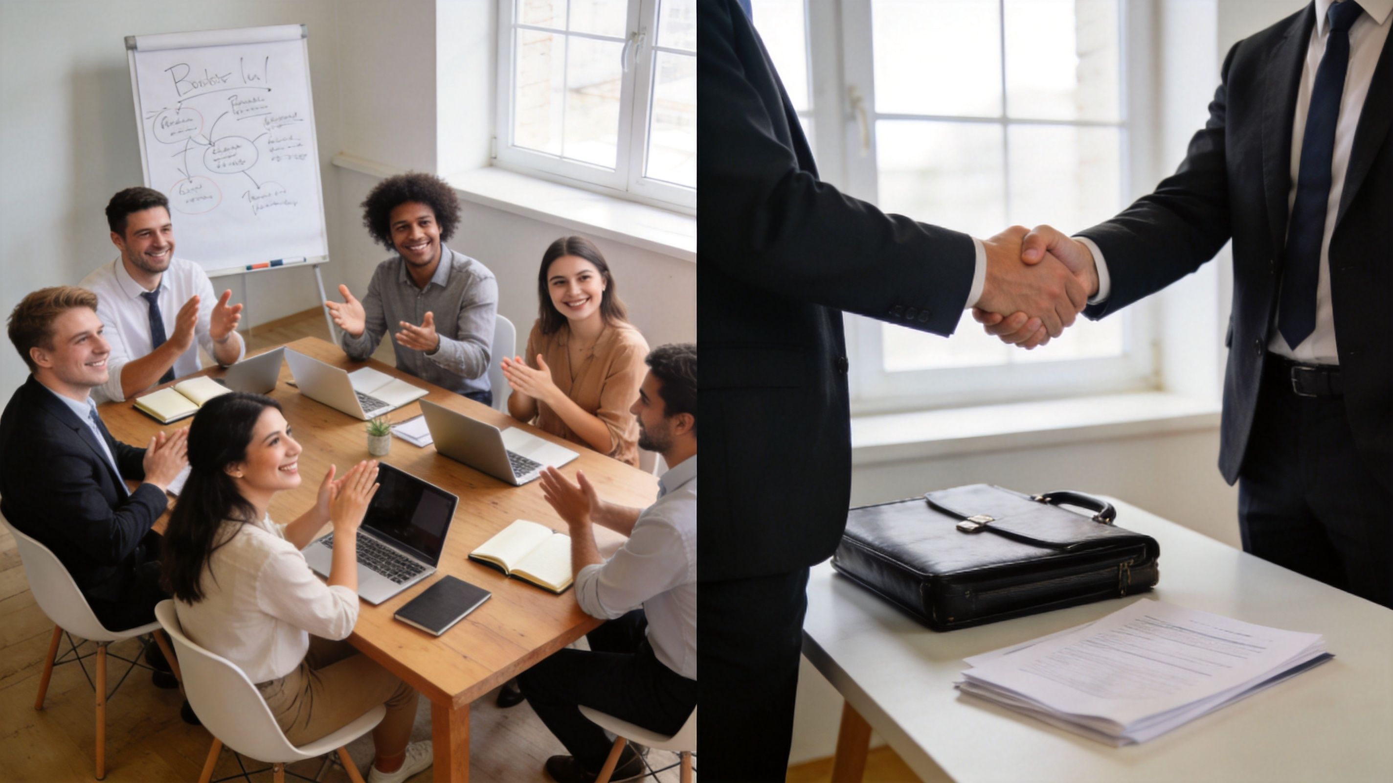 Grupo de profesionales en una reunión de oficina y dos empresarios estrechándose la mano en un acuerdo.