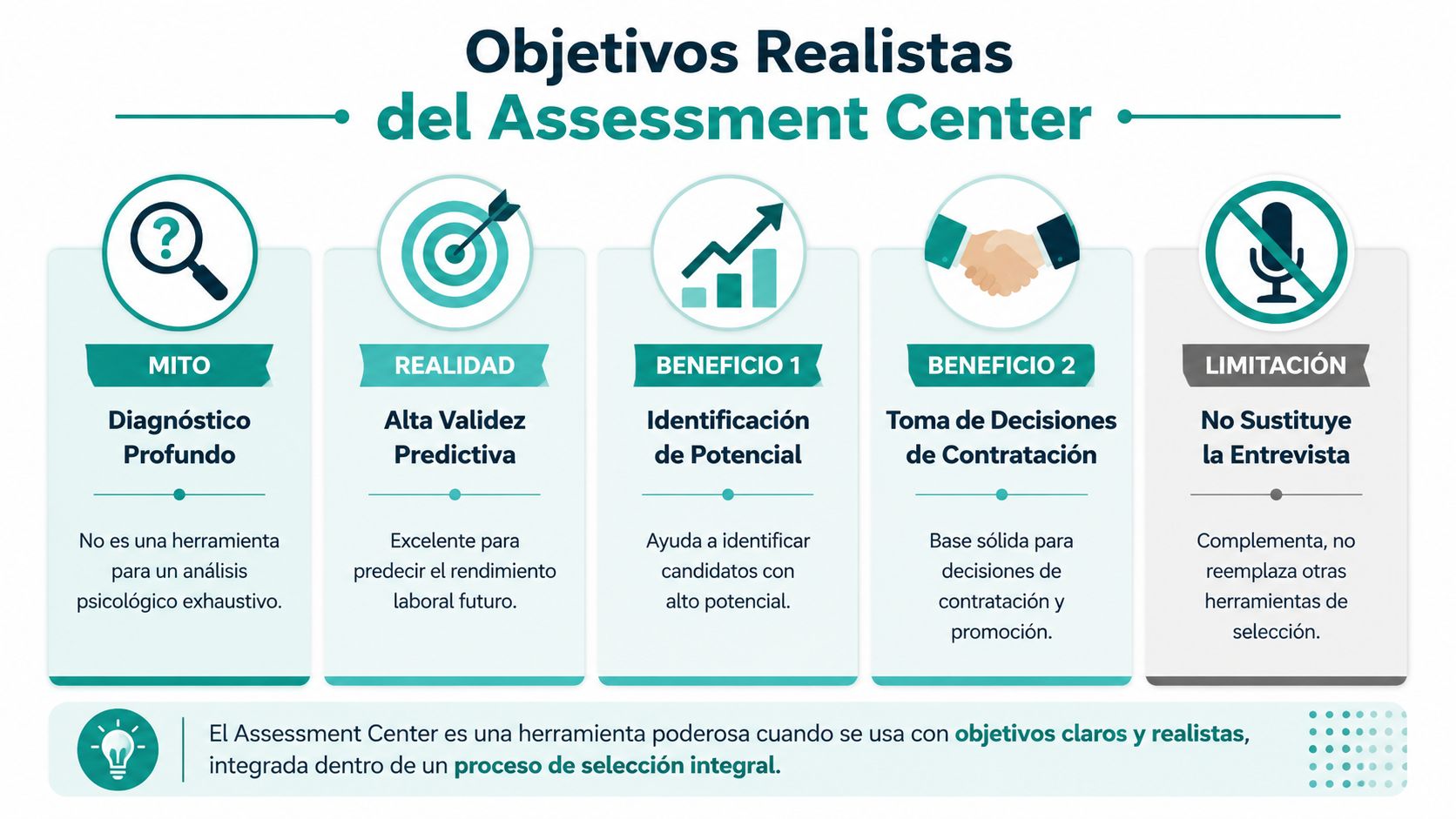 Infografía sobre los objetivos realistas, beneficios y limitaciones del uso de un Assessment Center en selección.