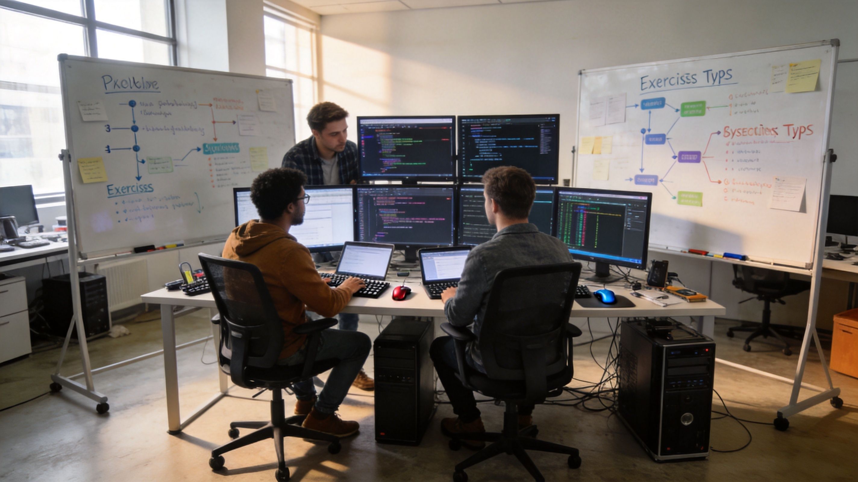 Tres desarrolladores de software trabajando juntos frente a múltiples pantallas en una oficina moderna.