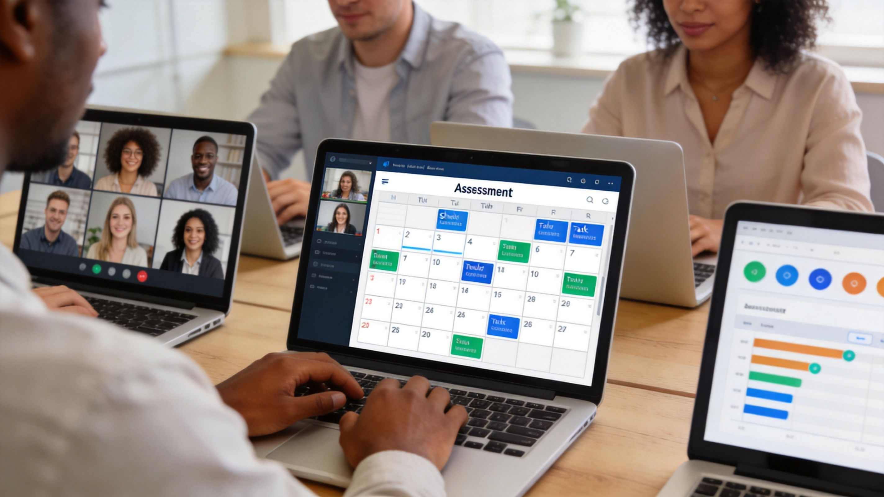 Profesionales colaborando en una oficina moderna utilizando computadoras portátiles para gestionar sus tareas y evaluaciones diarias.