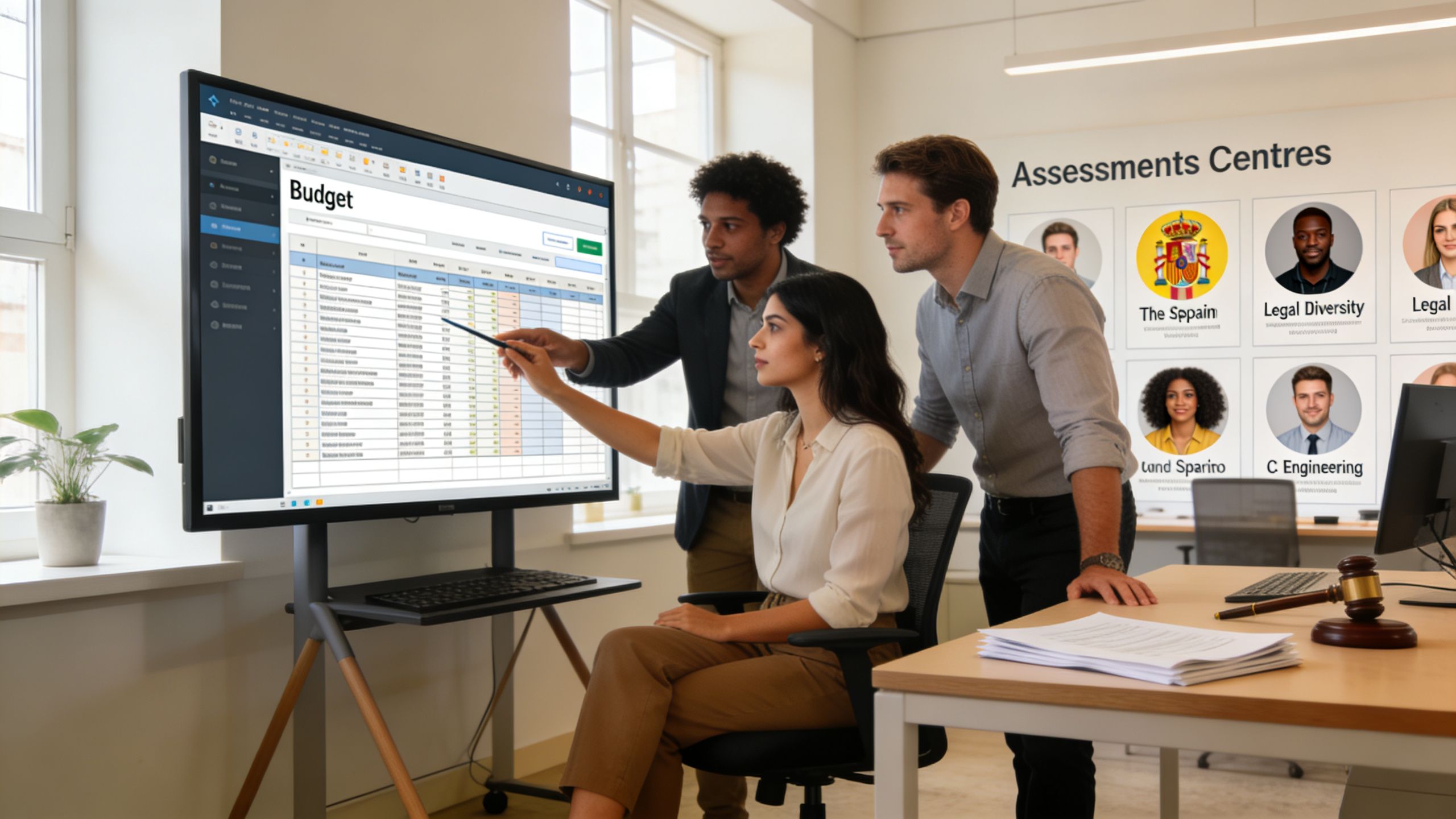 Tres profesionales de negocios analizando datos financieros en una pantalla interactiva durante una reunión de trabajo.