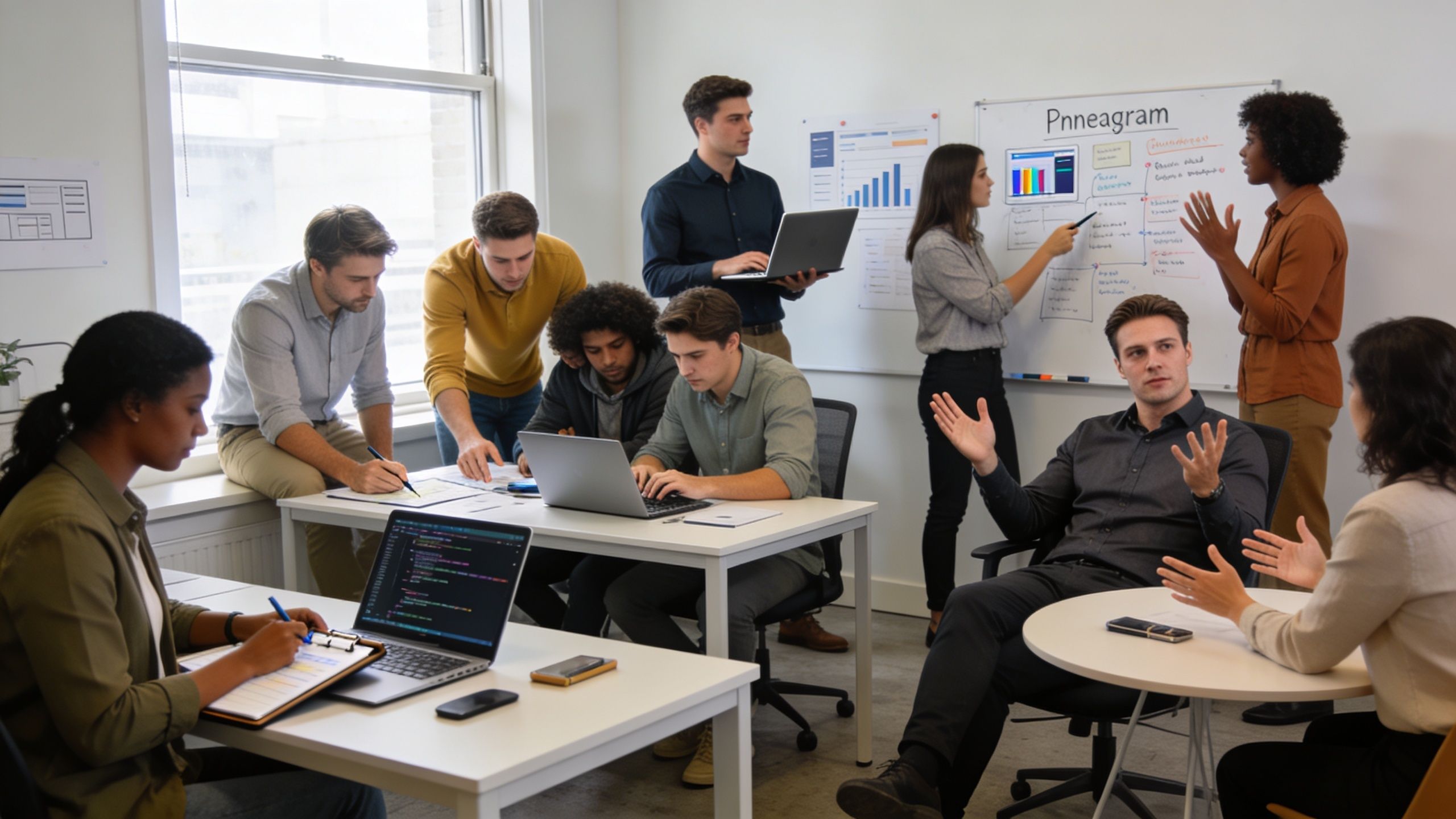 Un equipo diverso trabajando en una oficina moderna colaborando en proyectos creativos y técnicos de desarrollo.