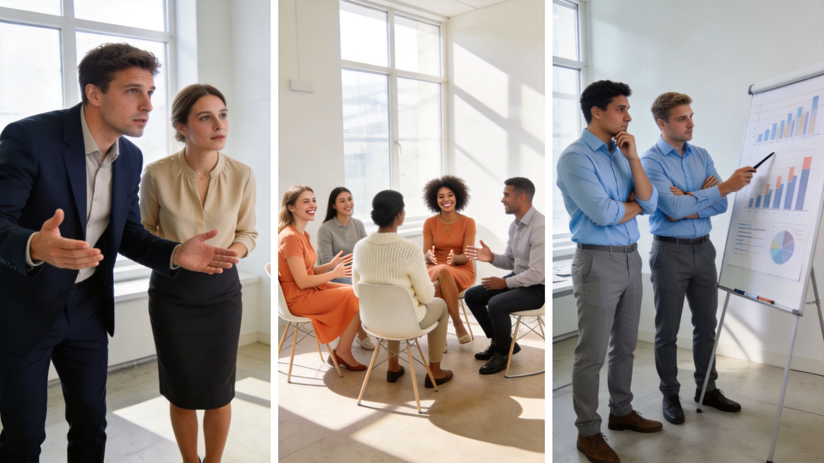 Un grupo de profesionales diversos participando en reuniones colaborativas y sesiones de capacitación en una oficina moderna.
