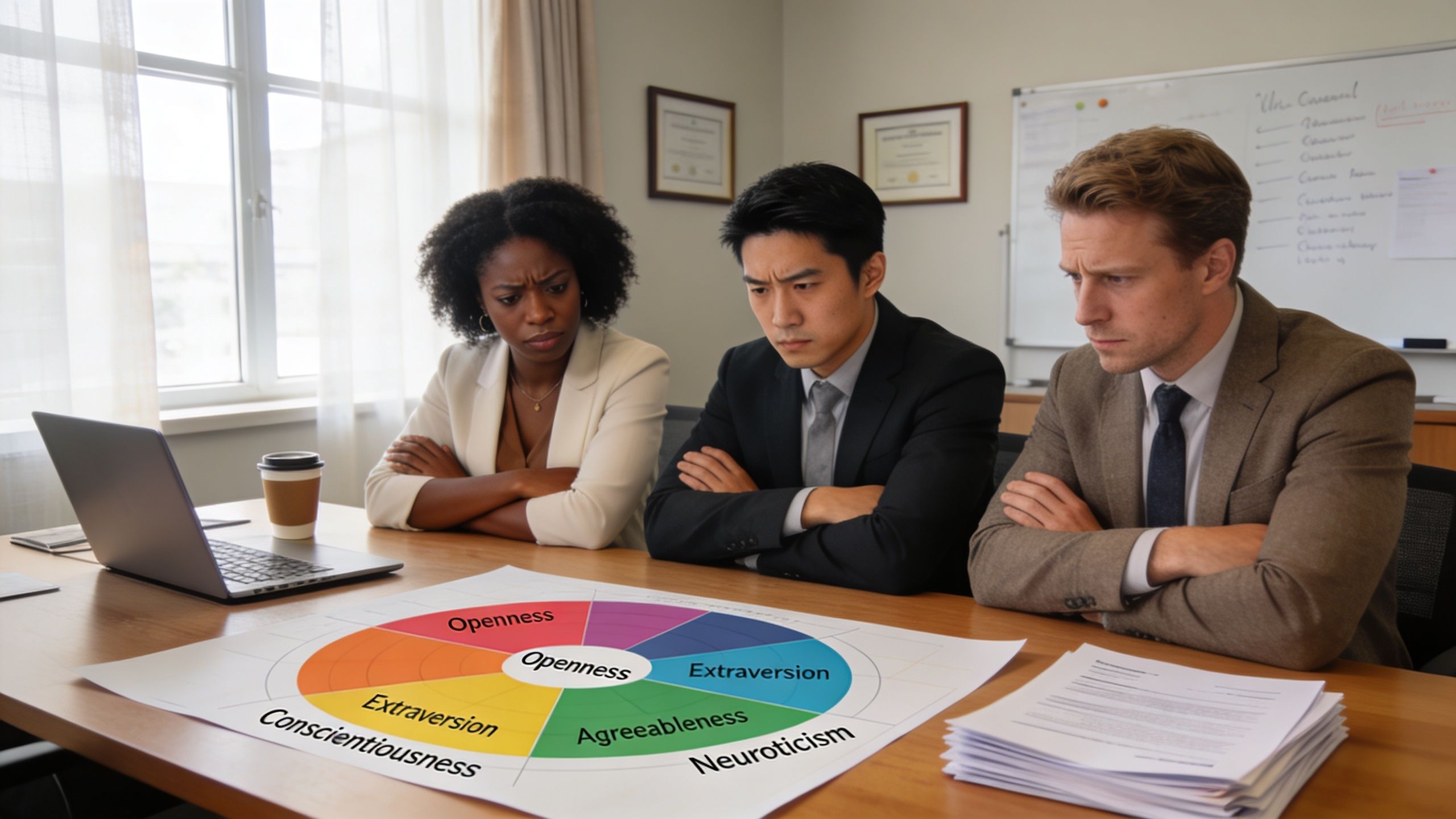 Tres profesionales de negocios analizan con frustración los resultados de un gráfico sobre personalidad en una oficina.