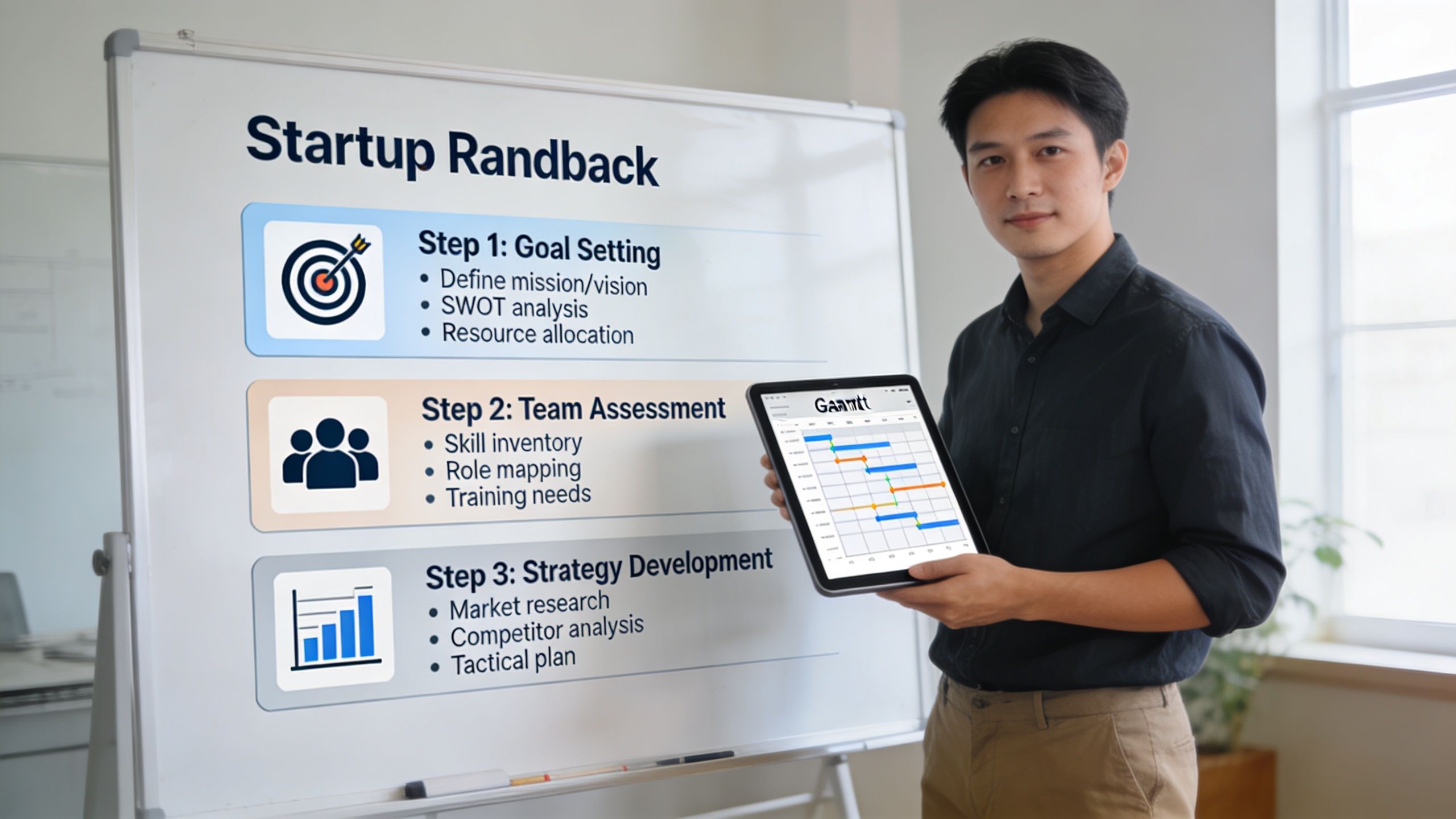 Un hombre joven presenta pasos estratégicos para startups en una pizarra blanca con iconos empresariales claros.