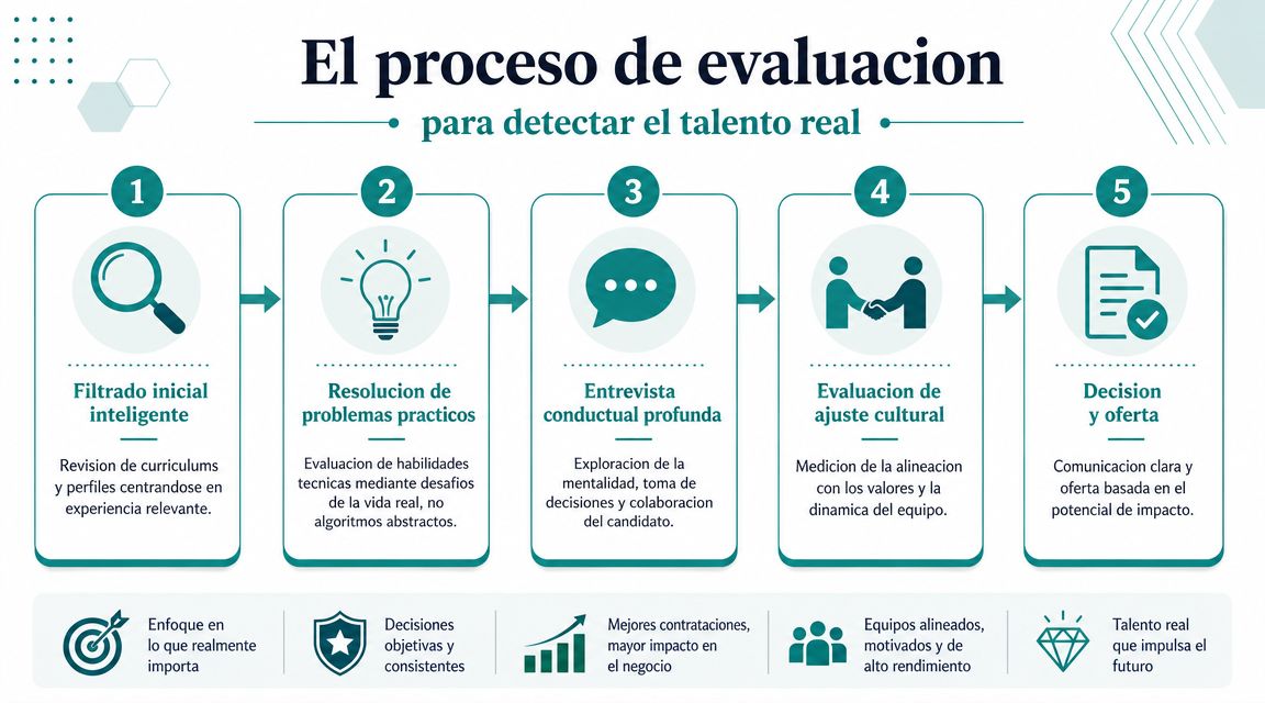 Infografía del proceso de evaluación para detectar talento real mediante cinco pasos secuenciales hacia contrataciones efectivas.