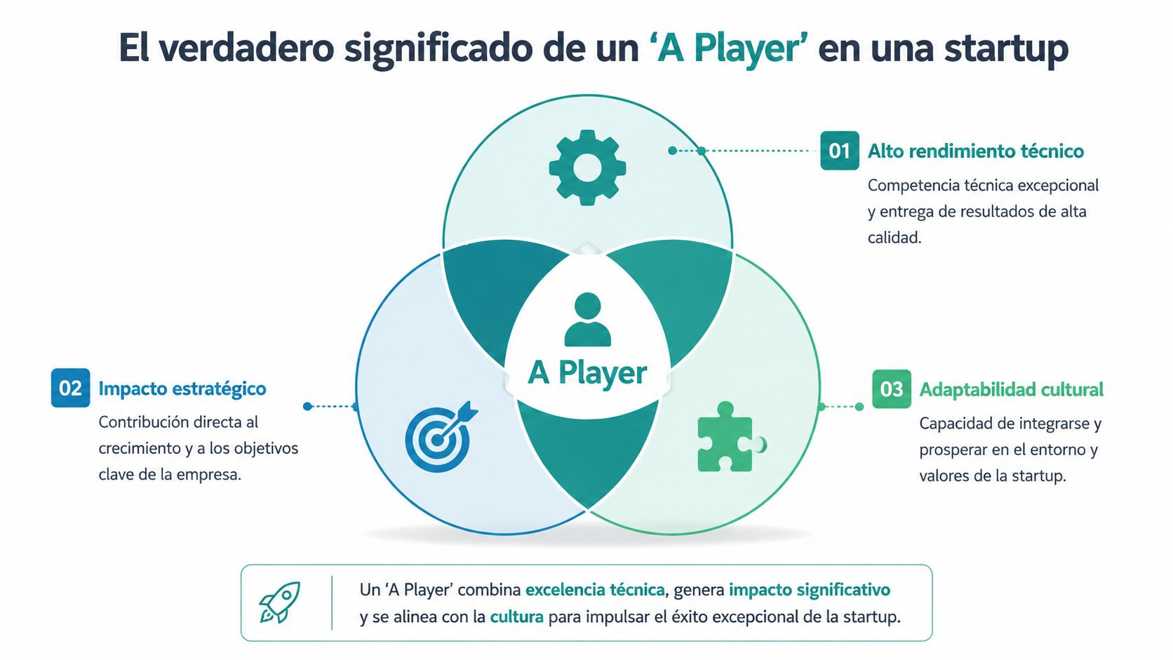 Diagrama que ilustra los tres componentes clave que definen a un 'A Player' dentro de una startup.