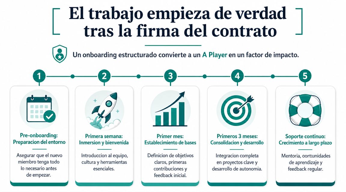 Infografía sobre las cinco etapas clave para un onboarding estructurado y efectivo de nuevos empleados.