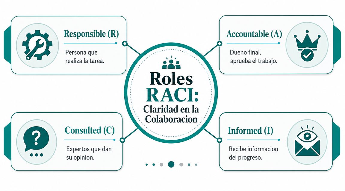 Diagrama explicativo sobre los roles de una matriz RACI para mejorar la claridad en la colaboración laboral.