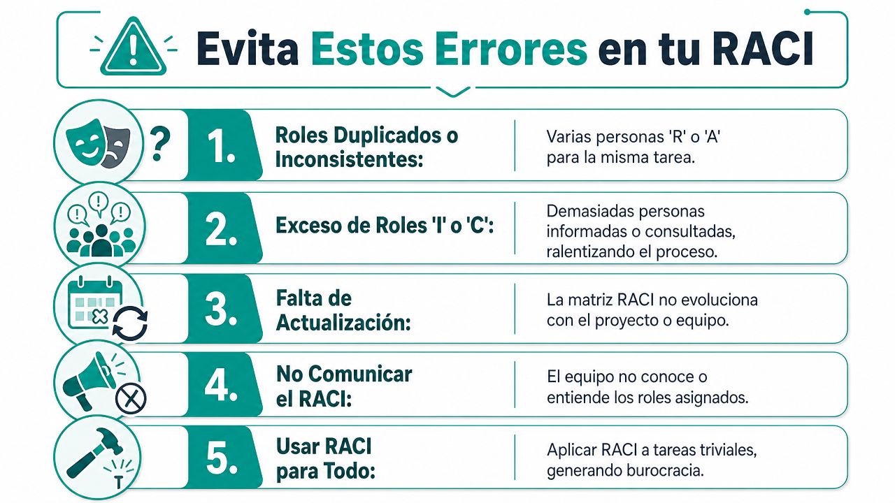 Infografía que muestra cinco errores comunes a evitar al crear y gestionar una matriz RACI de responsabilidades.