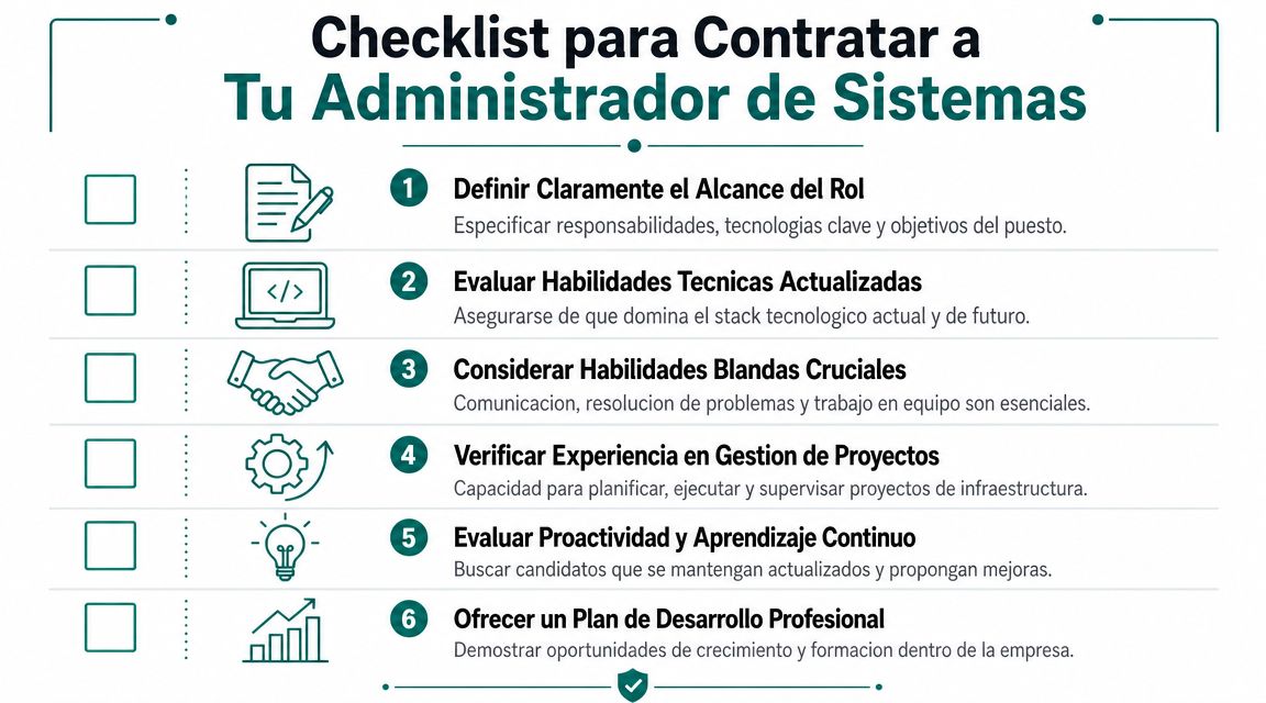 Lista de verificación para contratar a un administrador de sistemas, detallando pasos clave desde definir el rol hasta desarrollo.