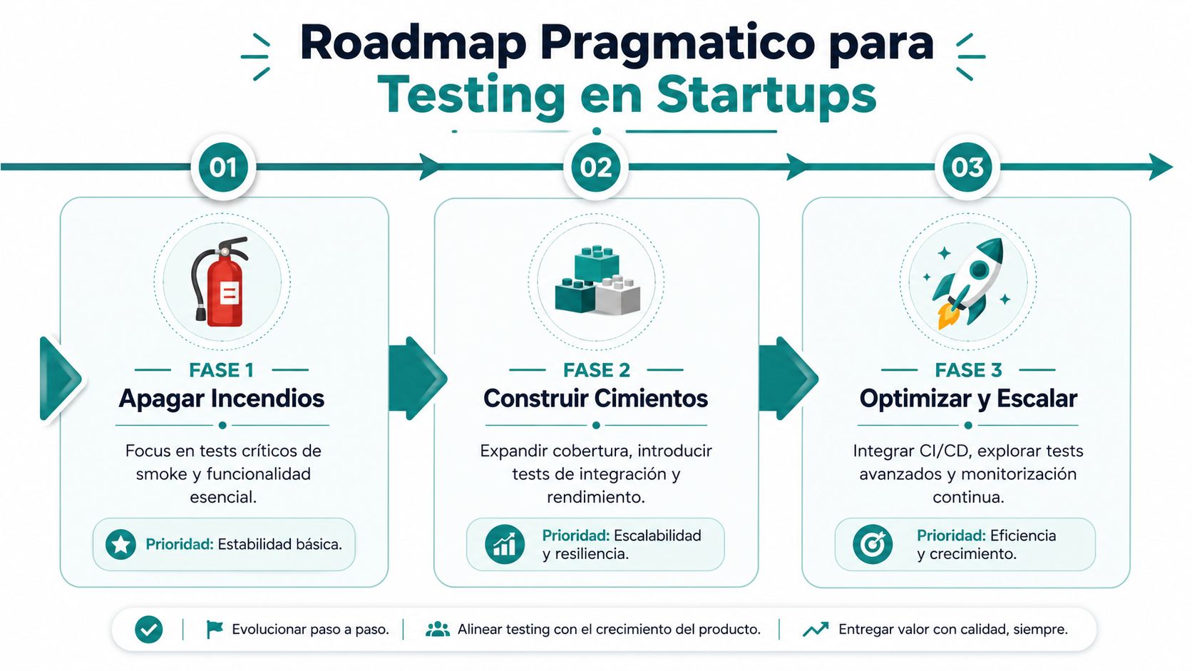 Un infográfico de un roadmap pragmático para testing en startups dividido en tres fases de desarrollo.