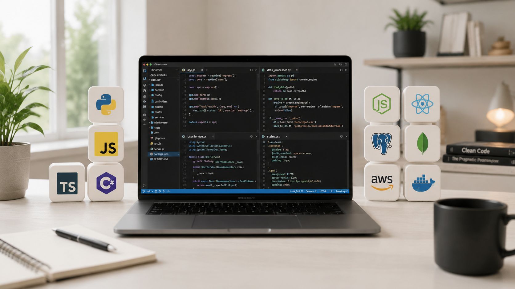 Escritorio moderno con portátil mostrando código, decorado con bloques de lenguajes de programación y herramientas de desarrollo.