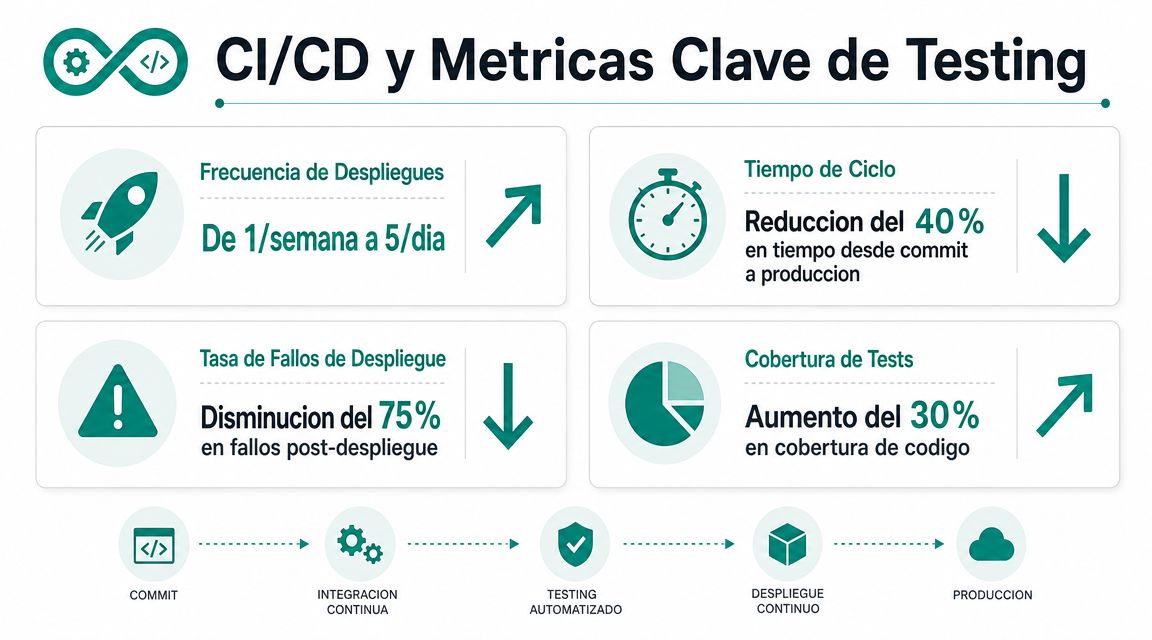 Infografía sobre métricas clave de CI/CD y testing automatizado que mejora la eficiencia en el desarrollo de software.