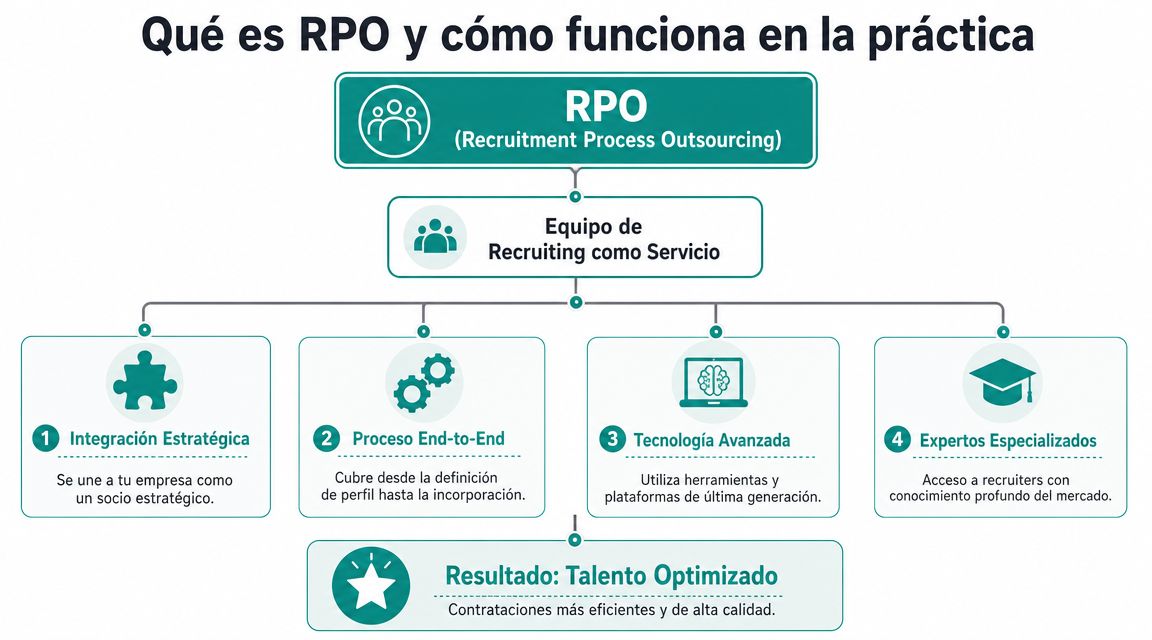 Infografía explicando qué es RPO, destacando su proceso estratégico, uso de tecnología y expertos especializados.