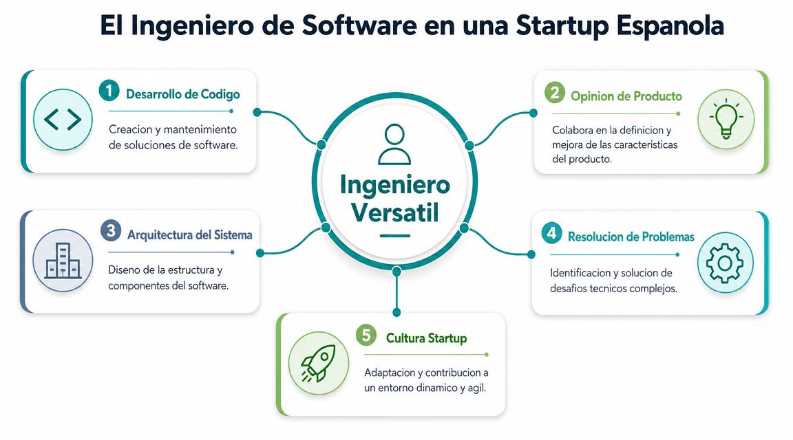Diagrama que muestra las cinco funciones clave de un ingeniero de software en una startup española.