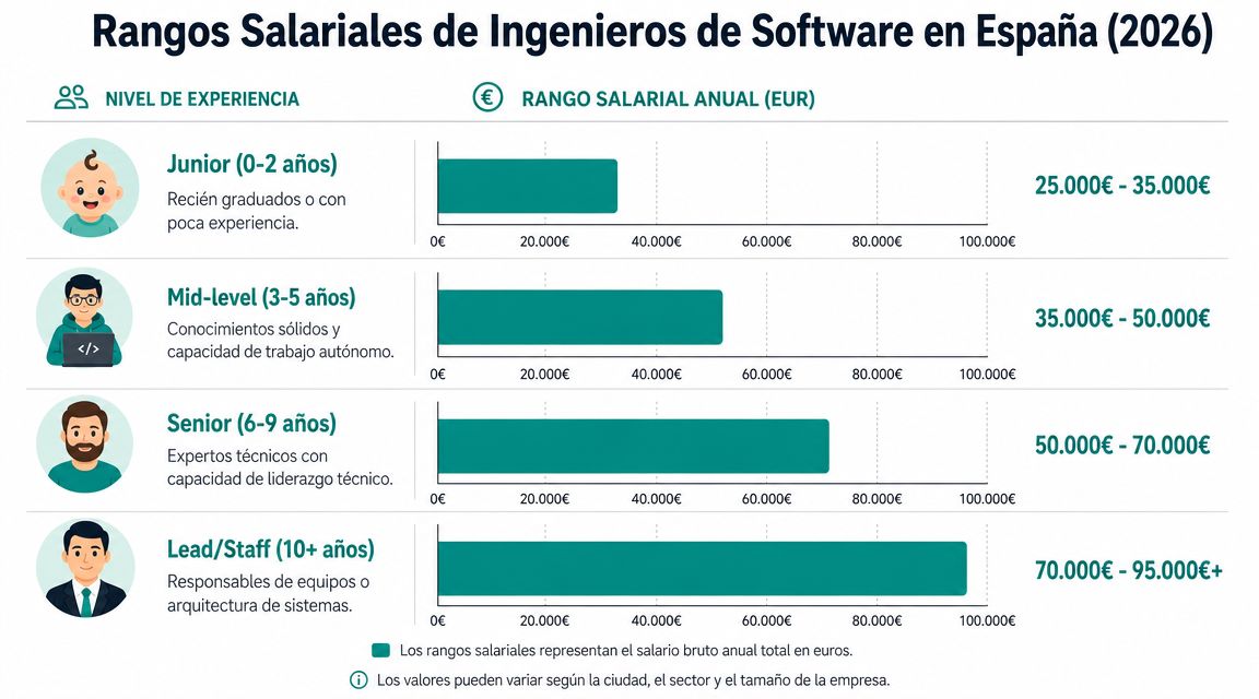 Gráfico de los rangos salariales anuales de ingenieros de software en España clasificados por años de experiencia.