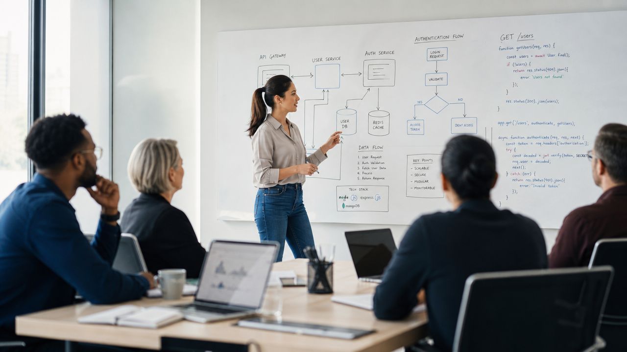 Una ingeniera de software presenta un diagrama de arquitectura técnica de sistemas en una pizarra frente a colegas.