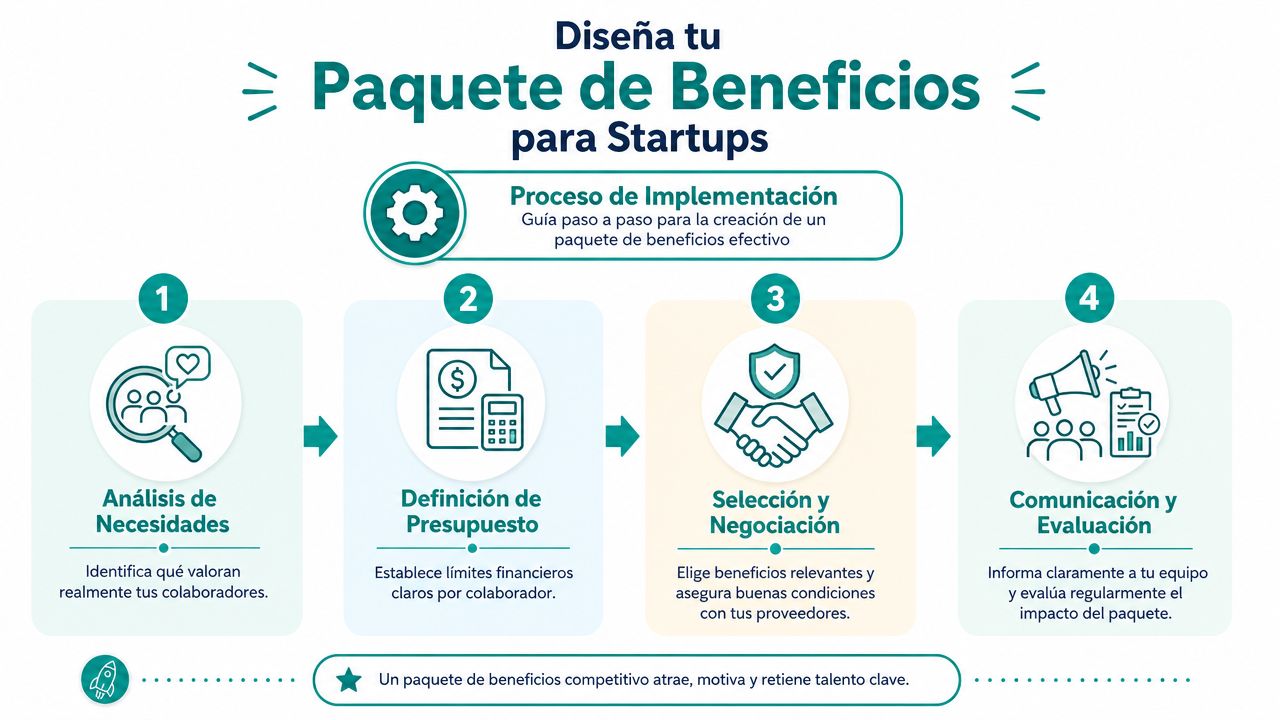 Infografía paso a paso sobre cómo diseñar un paquete de beneficios efectivos para empleados en empresas startups.