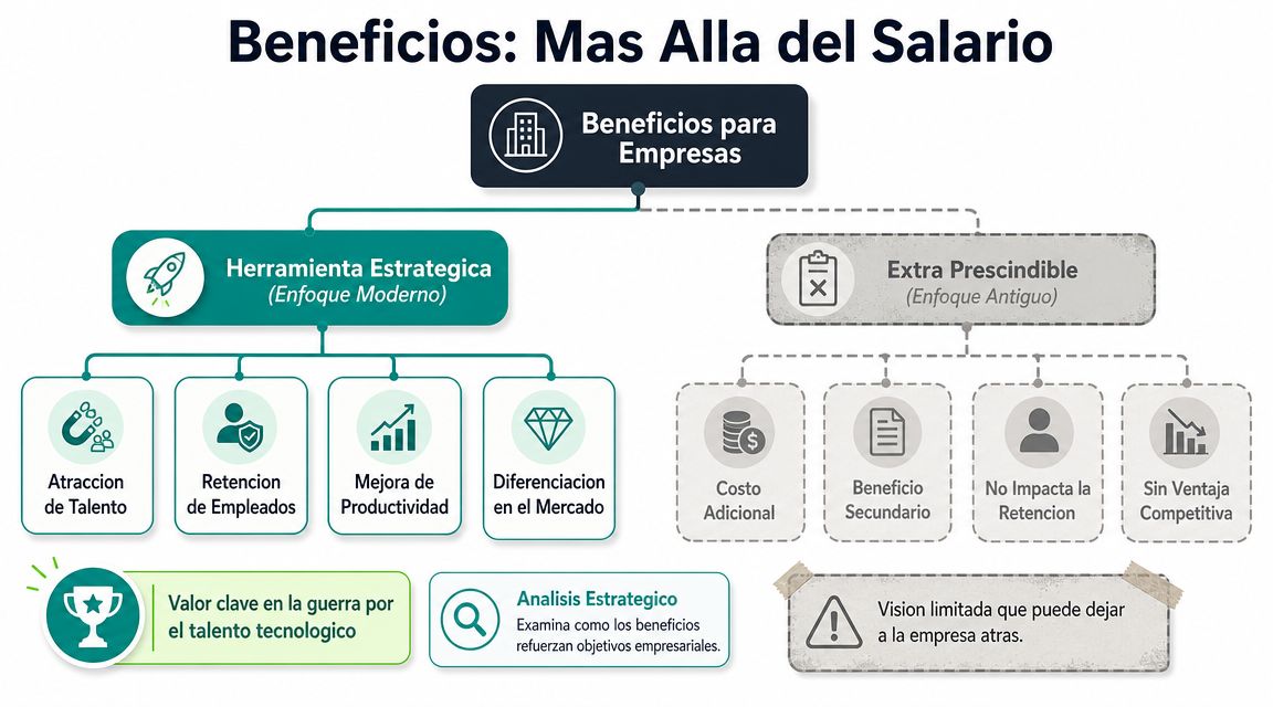 Diagrama que compara enfoques modernos y antiguos sobre los beneficios empresariales para atraer y retener talento.