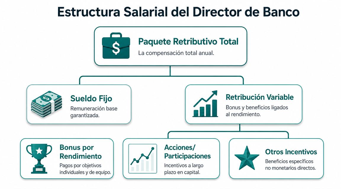 Diagrama detallado sobre la estructura del paquete retributivo total de un director de banco bancario.