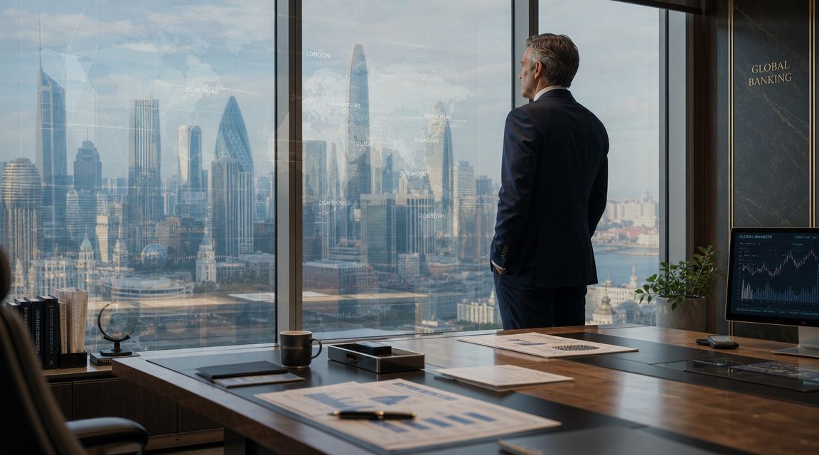 Un ejecutivo bancario observa el horizonte de una gran ciudad desde su oficina de lujo corporativa.