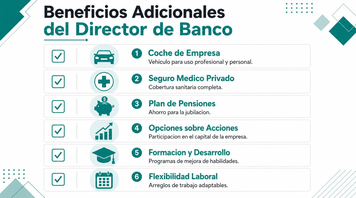 Lista de seis beneficios adicionales para un director de banco, incluyendo vehículo, seguro, pensiones y formación.