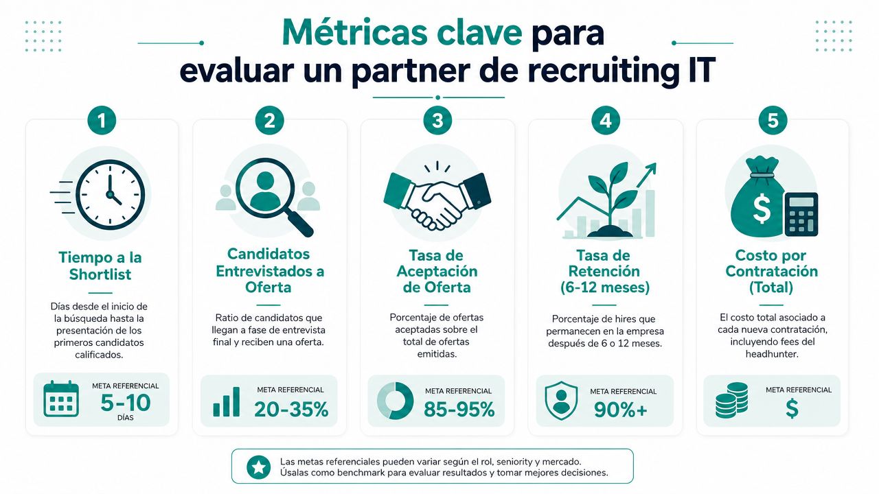 Infografía sobre las cinco métricas clave para evaluar el desempeño de un partner de reclutamiento IT.