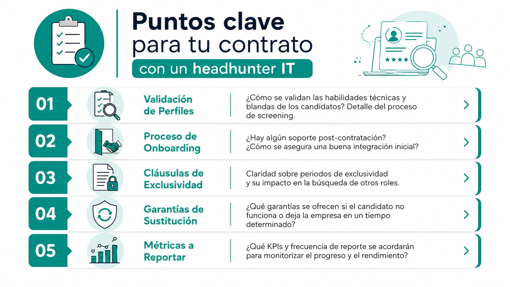 Infografía sobre los cinco puntos clave a considerar al contratar los servicios de un headhunter especializado en IT.