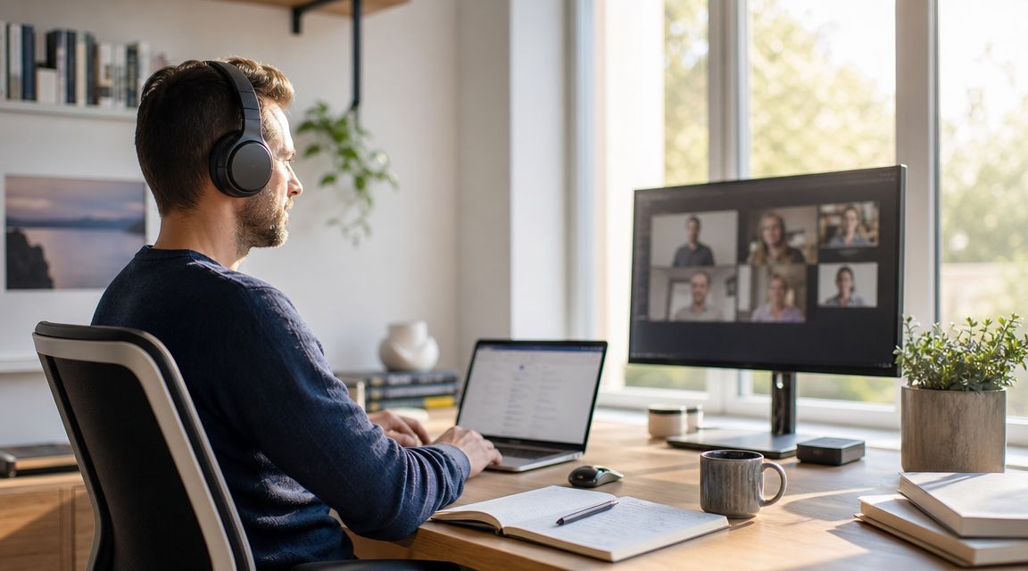 Hombre profesional con auriculares trabajando en una videollamada desde su oficina en casa frente a una computadora.