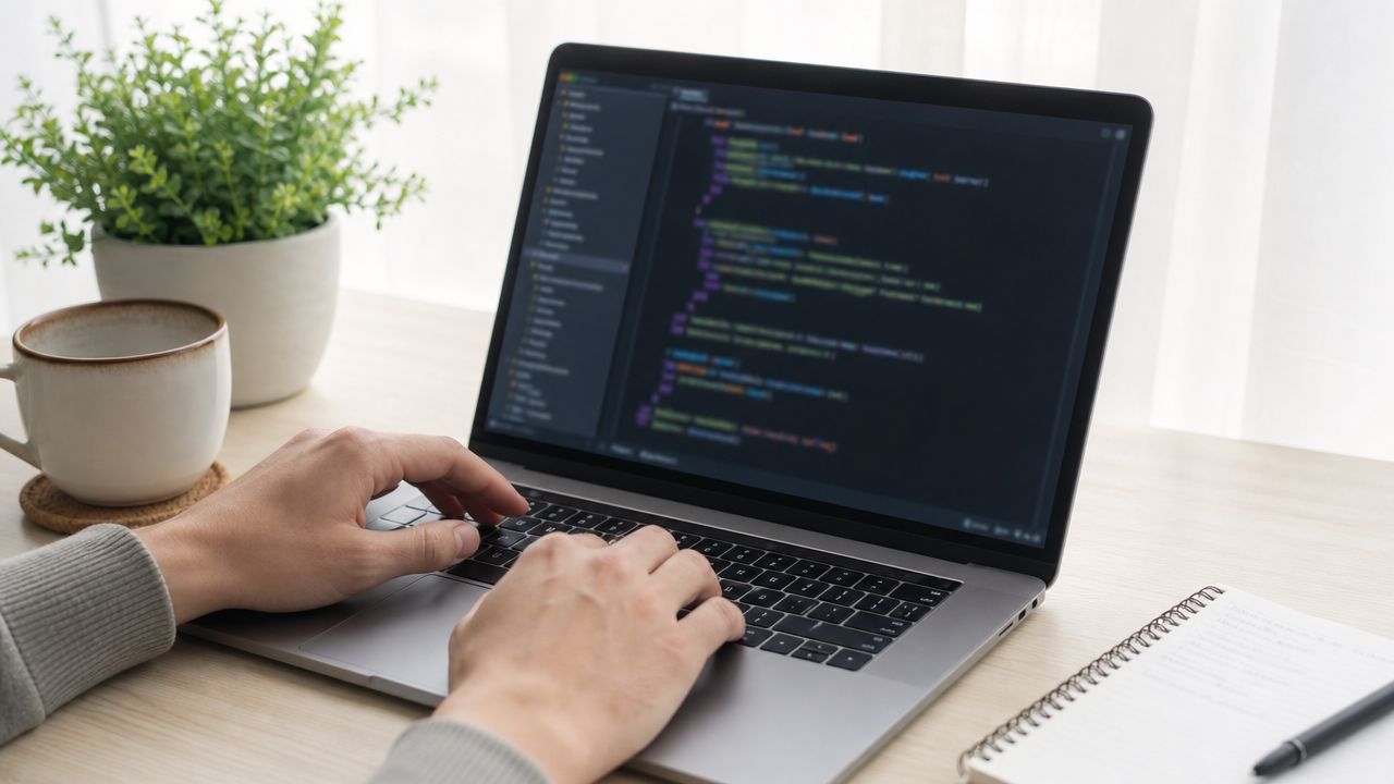 Programador escribiendo código en una computadora portátil en su escritorio de trabajo con una planta y café.
