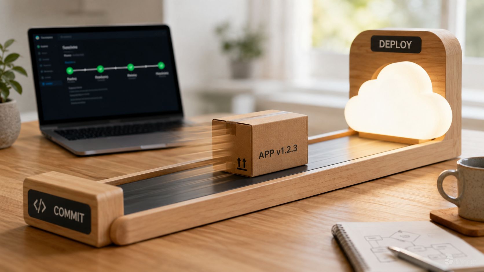Una caja que representa una aplicación siendo enviada desde un entorno de desarrollo hacia una nube digital.