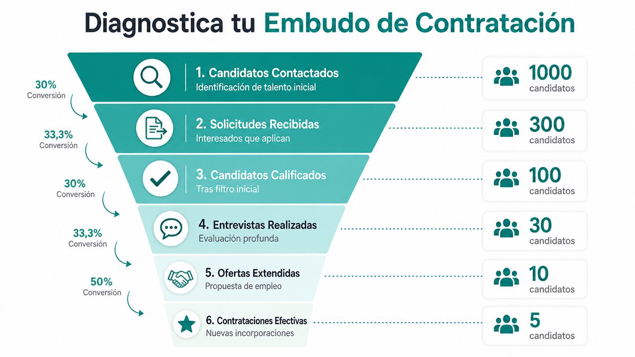 Diagrama de embudo mostrando las etapas y tasas de conversión del proceso de contratación de candidatos.