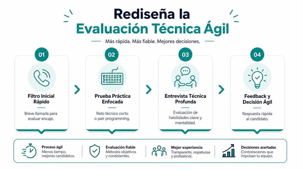 Diagrama de flujo que muestra cuatro pasos para un proceso de evaluación técnica ágil de candidatos.