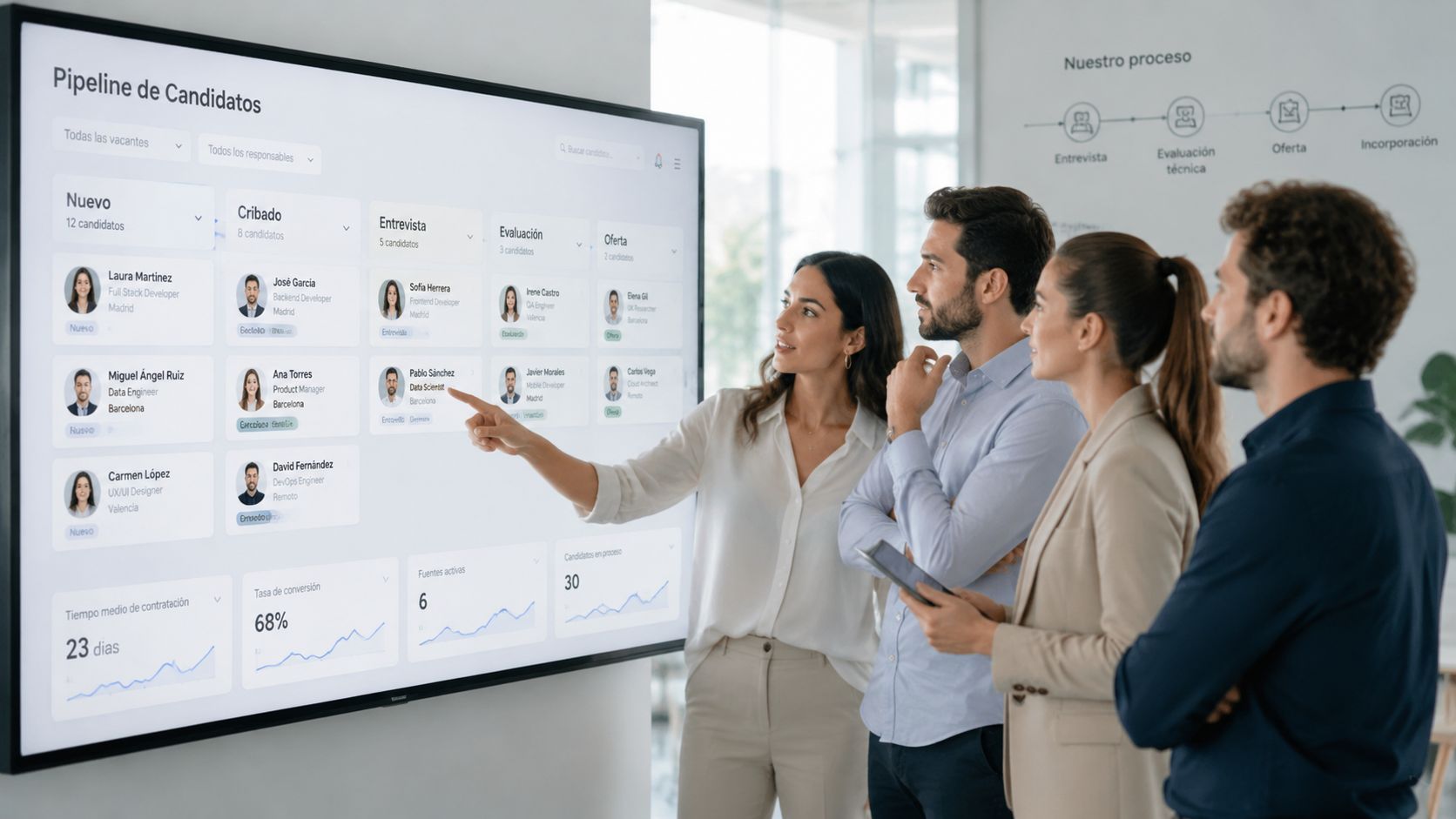 Un equipo de reclutadores profesionales analizando métricas y candidatos en una pantalla grande durante una reunión.