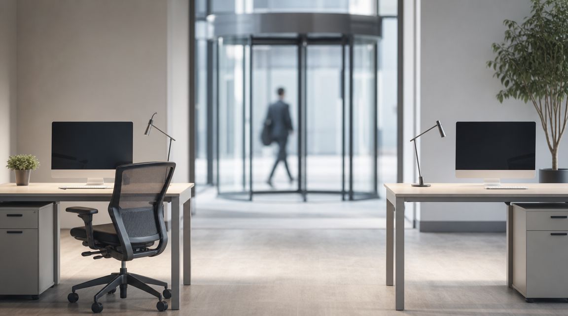 Oficina moderna y luminosa con dos escritorios ordenados, ordenadores de sobremesa, sillas ergonómicas y una planta decorativa.