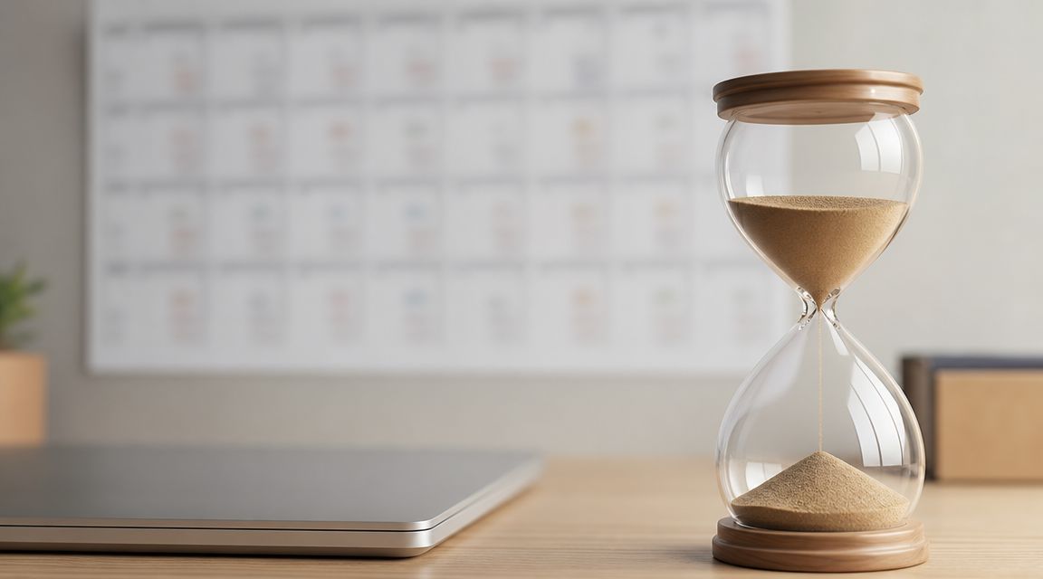 Un reloj de arena sobre una mesa de oficina con un calendario y un portátil desenfocados detrás.