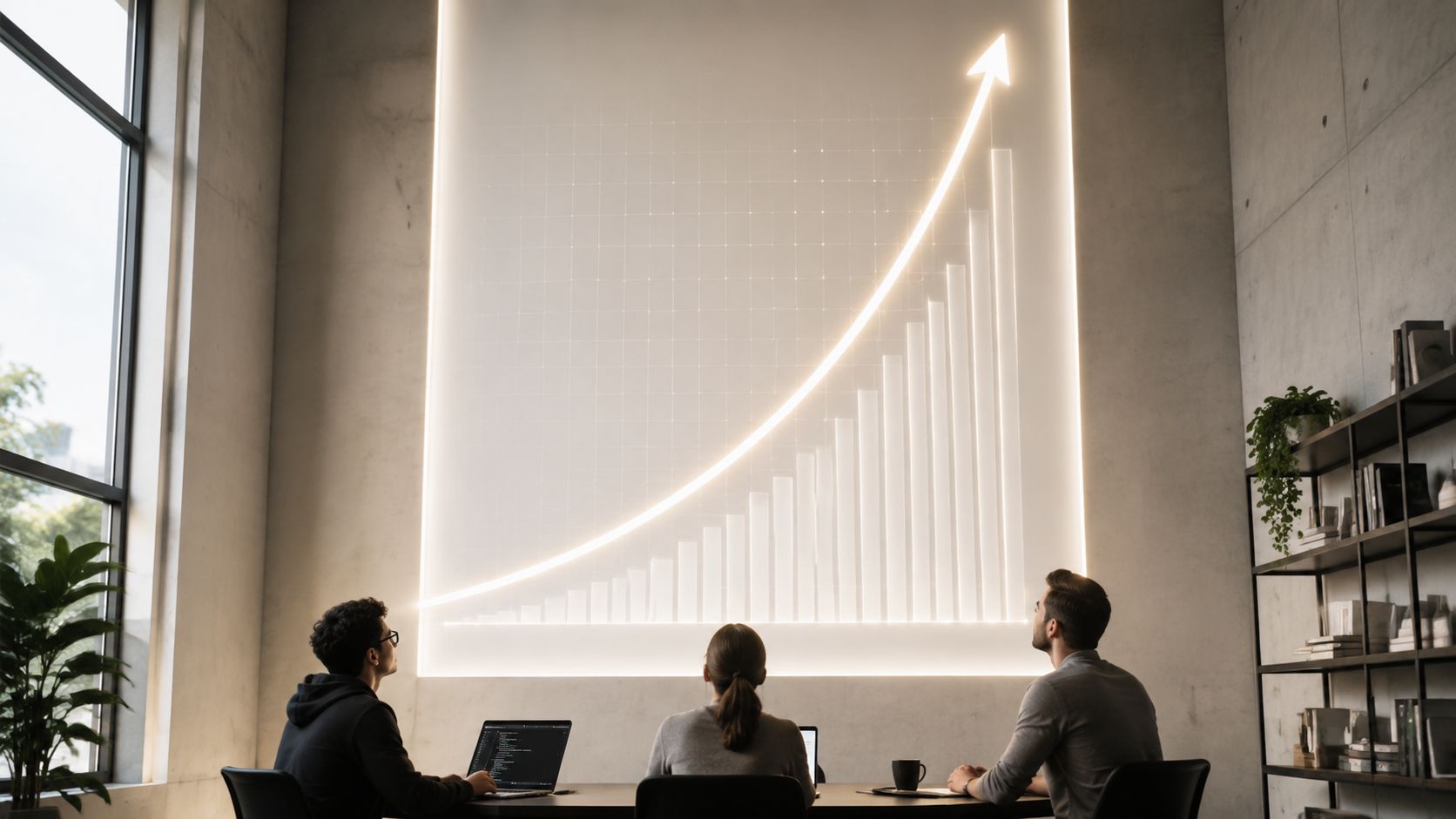 Tres profesionales observan un gráfico de crecimiento positivo proyectado en una pared de una oficina moderna.