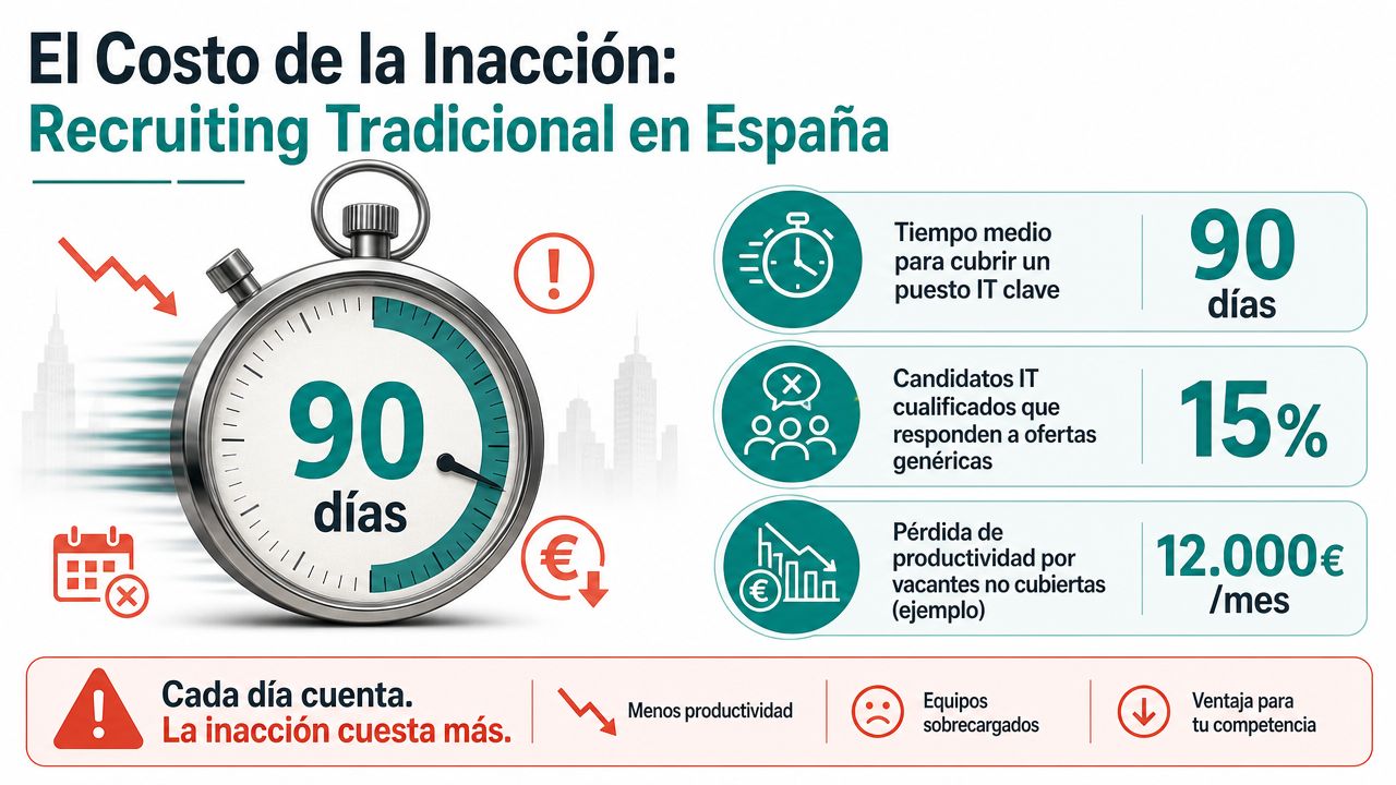 Infografía sobre el coste de la inacción y los tiempos del reclutamiento tradicional de perfiles IT en España.