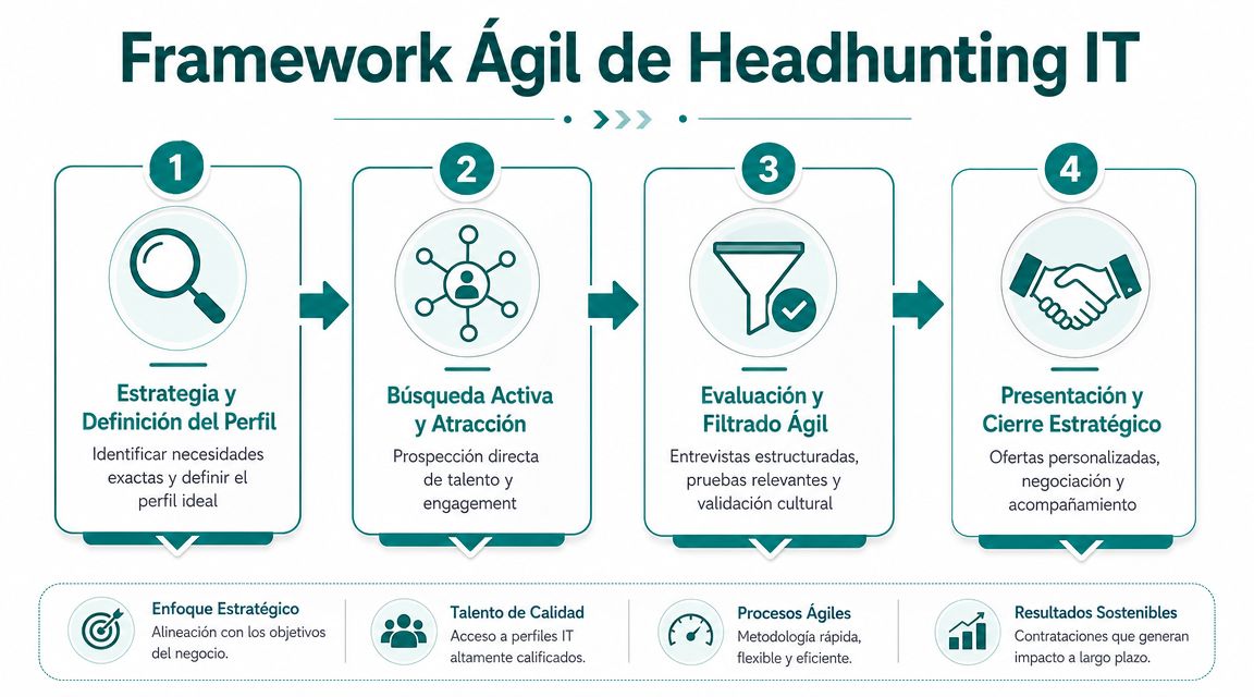 Infografía del Framework Ágil de Headhunting IT mostrando cuatro etapas clave para contratar talento tecnológico.