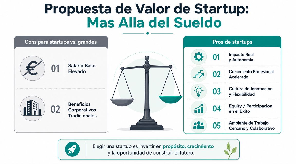 Infografía comparativa mostrando pros de startups frente a grandes empresas, destacando crecimiento, propósito y cultura laboral.
