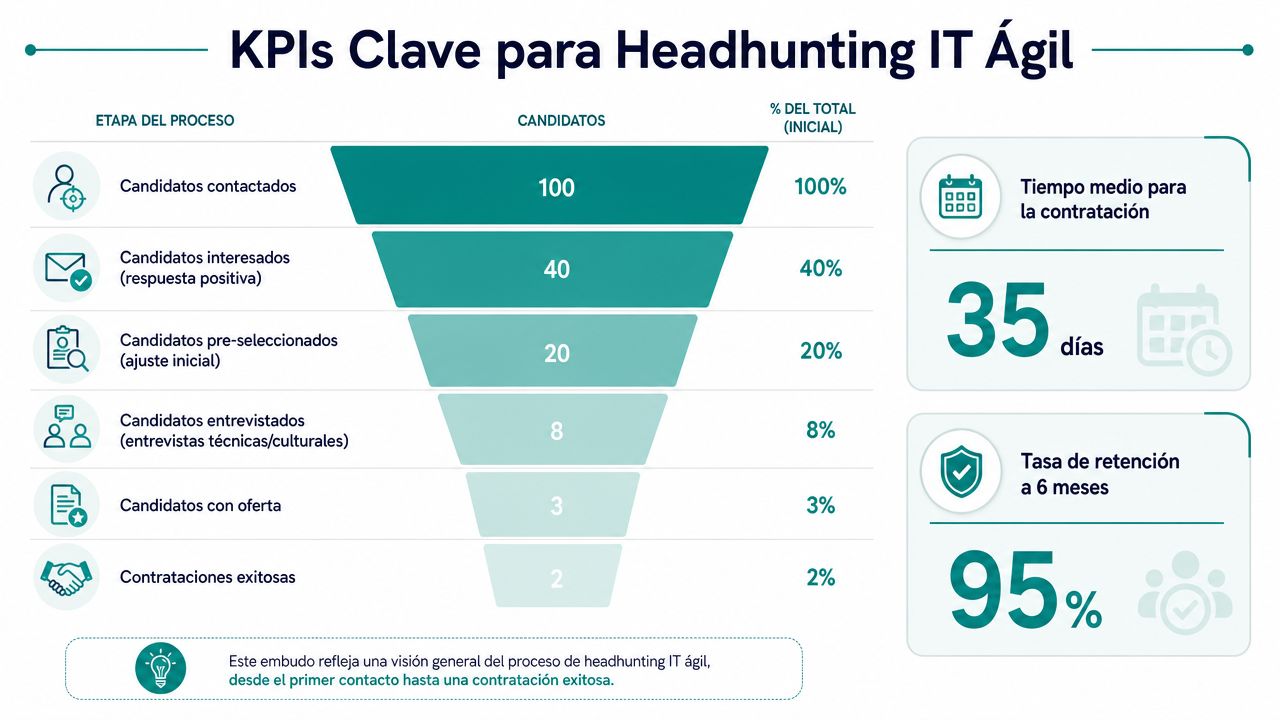 Embudo que muestra los KPIs clave del proceso de headhunting IT ágil para la contratación de talentos.