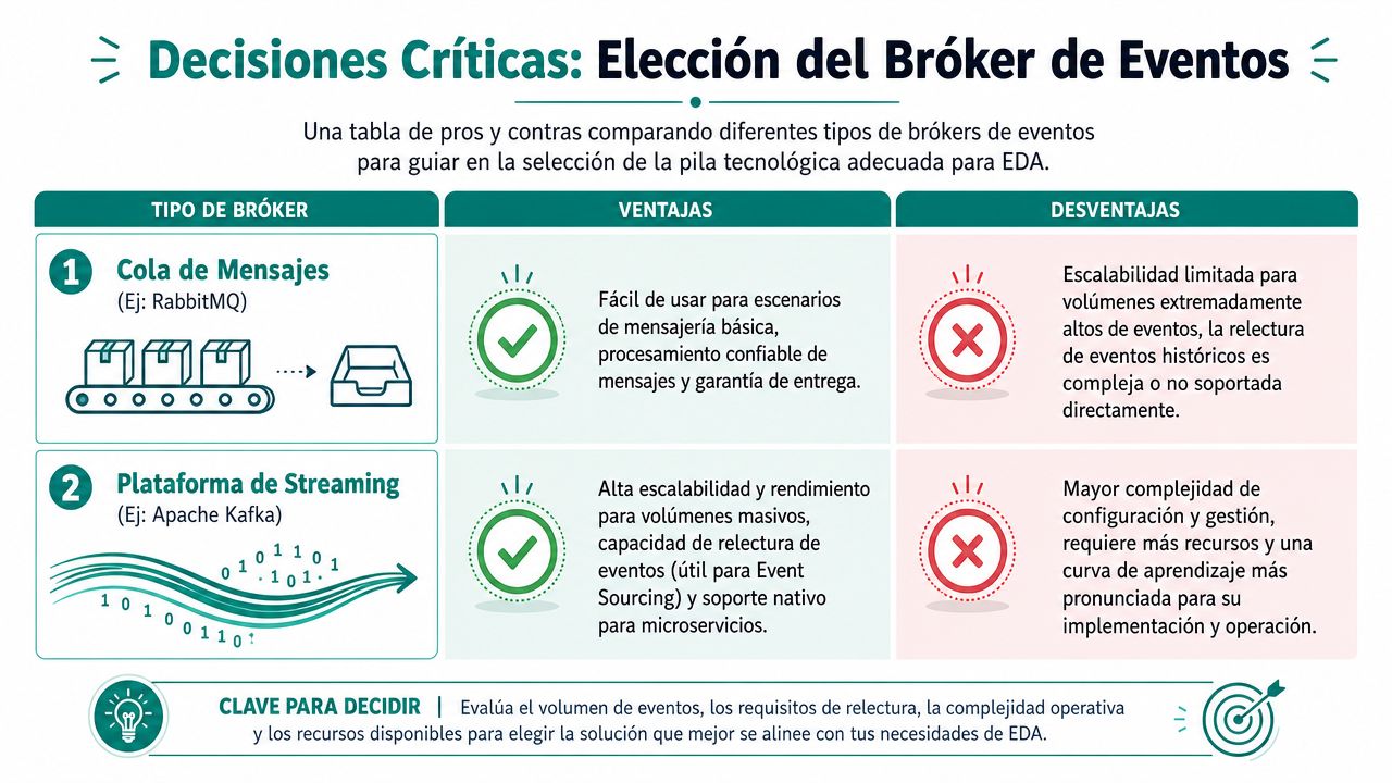 Tabla comparativa de tipos de bróker de eventos para arquitectura orientada a eventos, detallando sus ventajas y desventajas.