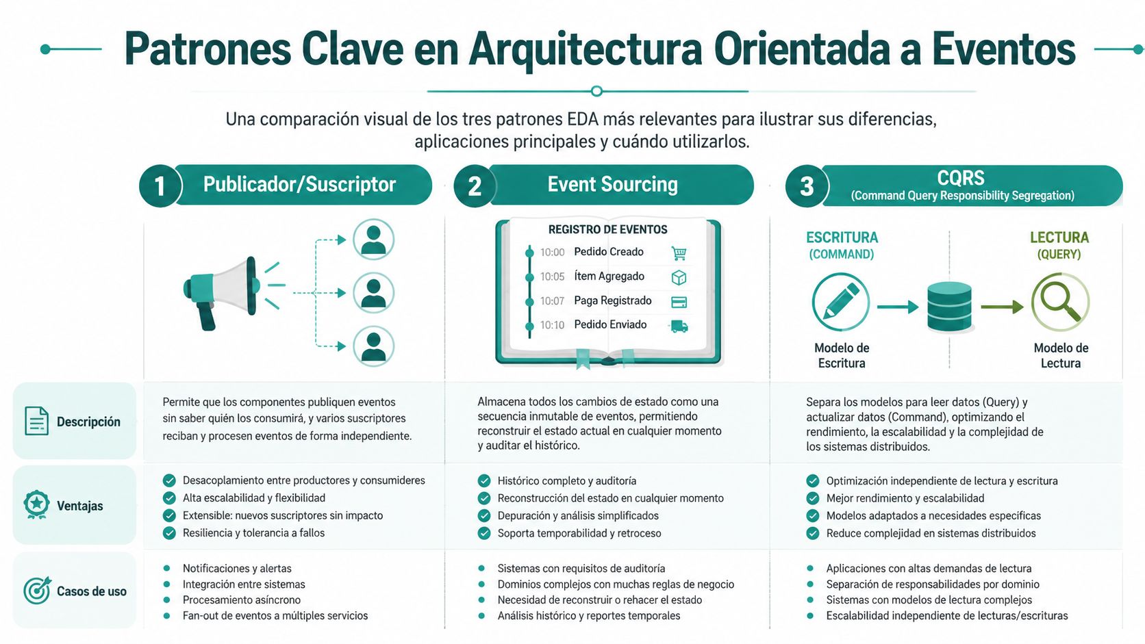 Diagrama comparativo que explica los patrones de arquitectura orientada a eventos: Publicador/Suscriptor, Event Sourcing y CQRS.